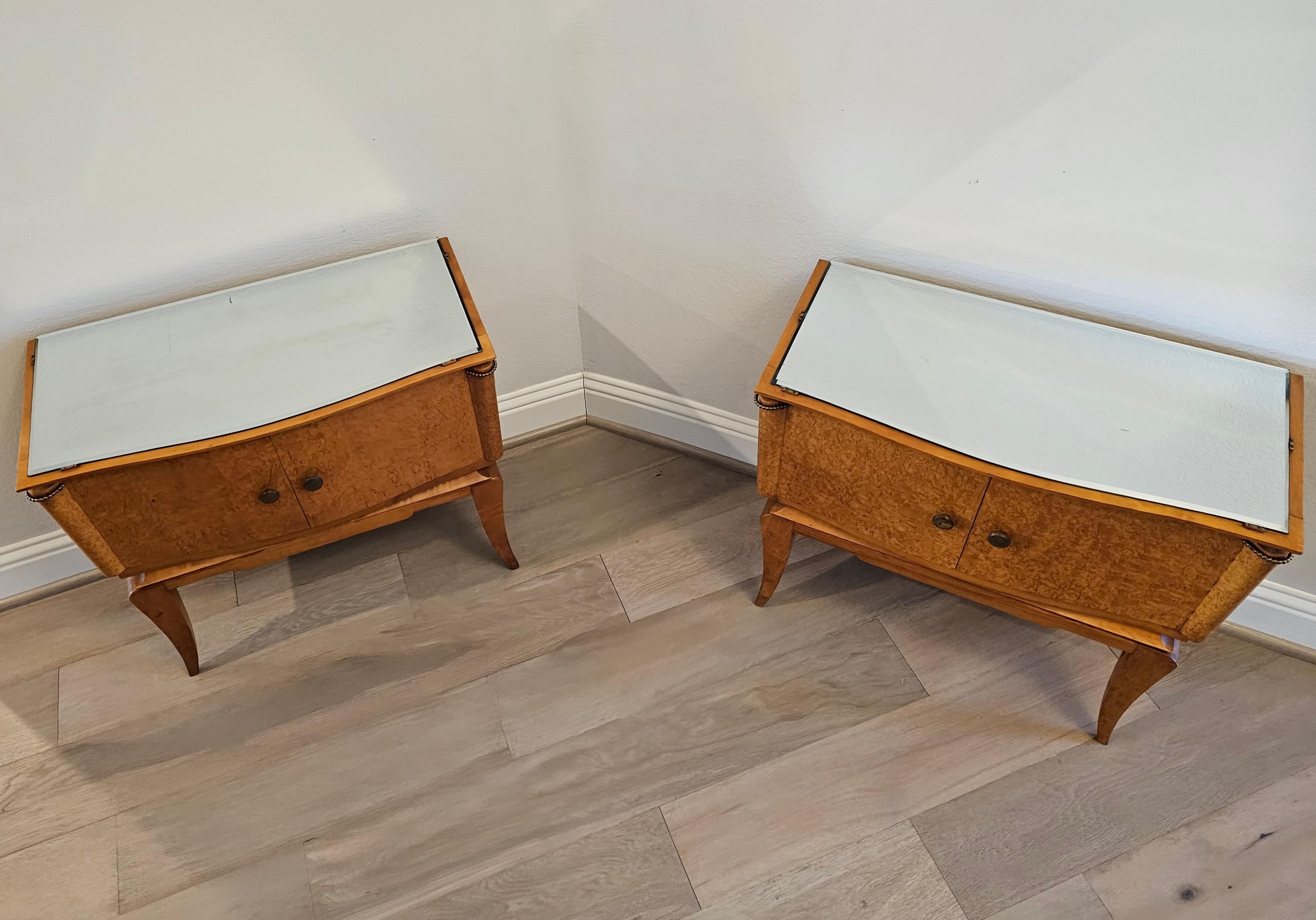 Mid-Century French Modern Burled Maple Mirrored Glass Nightstand Tables 4