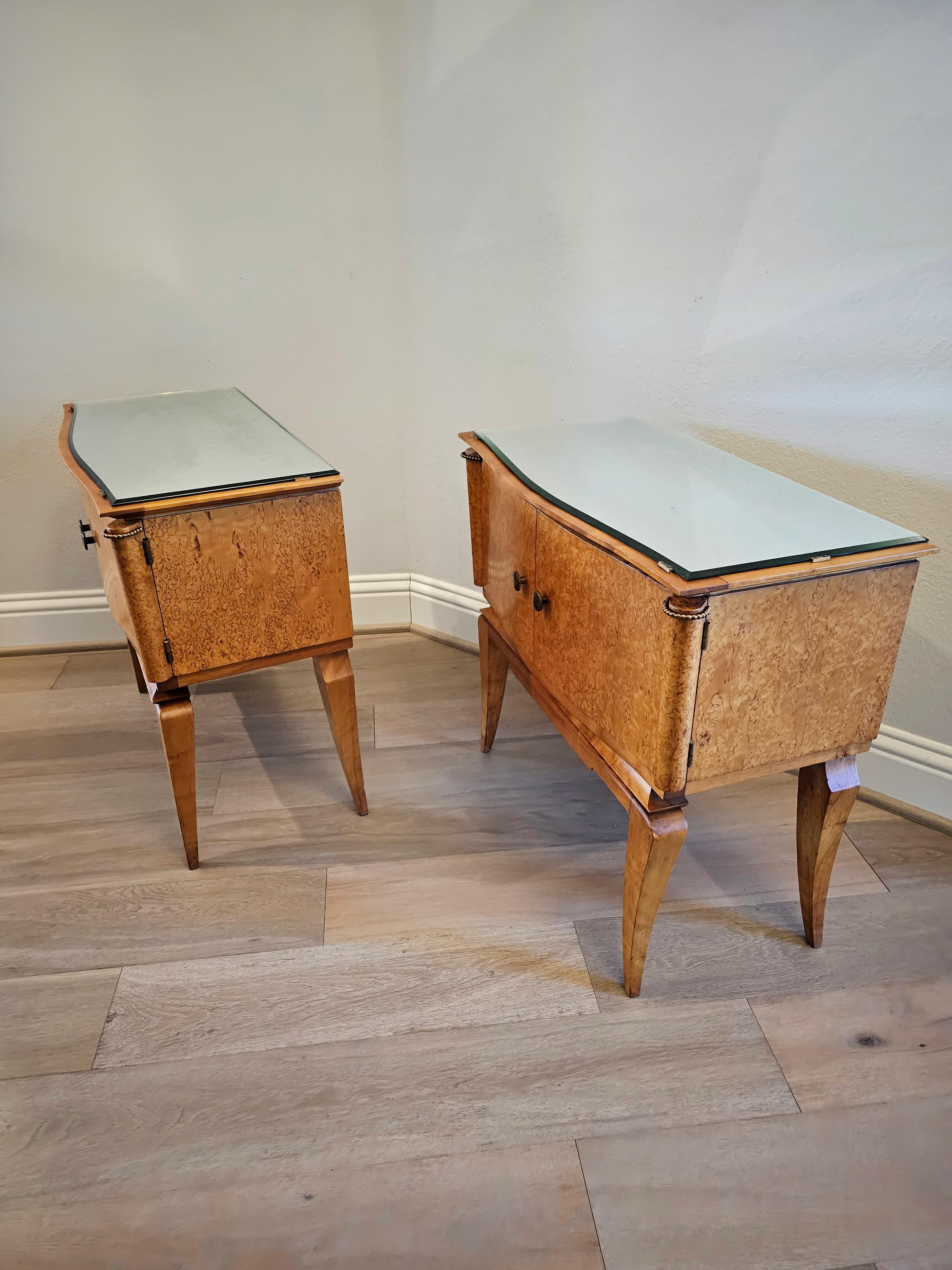 Mid-Century French Modern Burled Maple Mirrored Glass Nightstand Tables 7