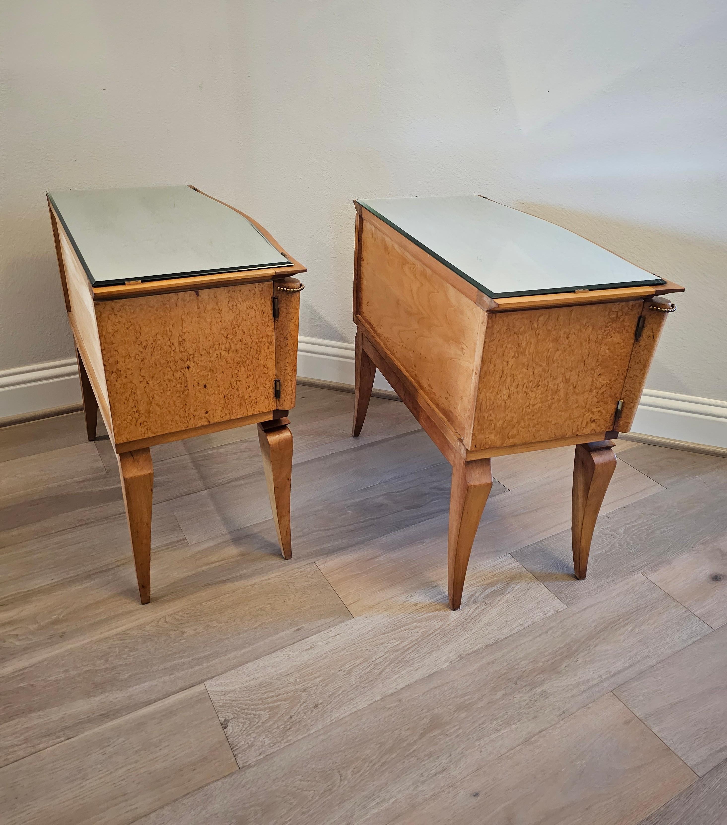 Mid-Century French Modern Burled Maple Mirrored Glass Nightstand Tables 8