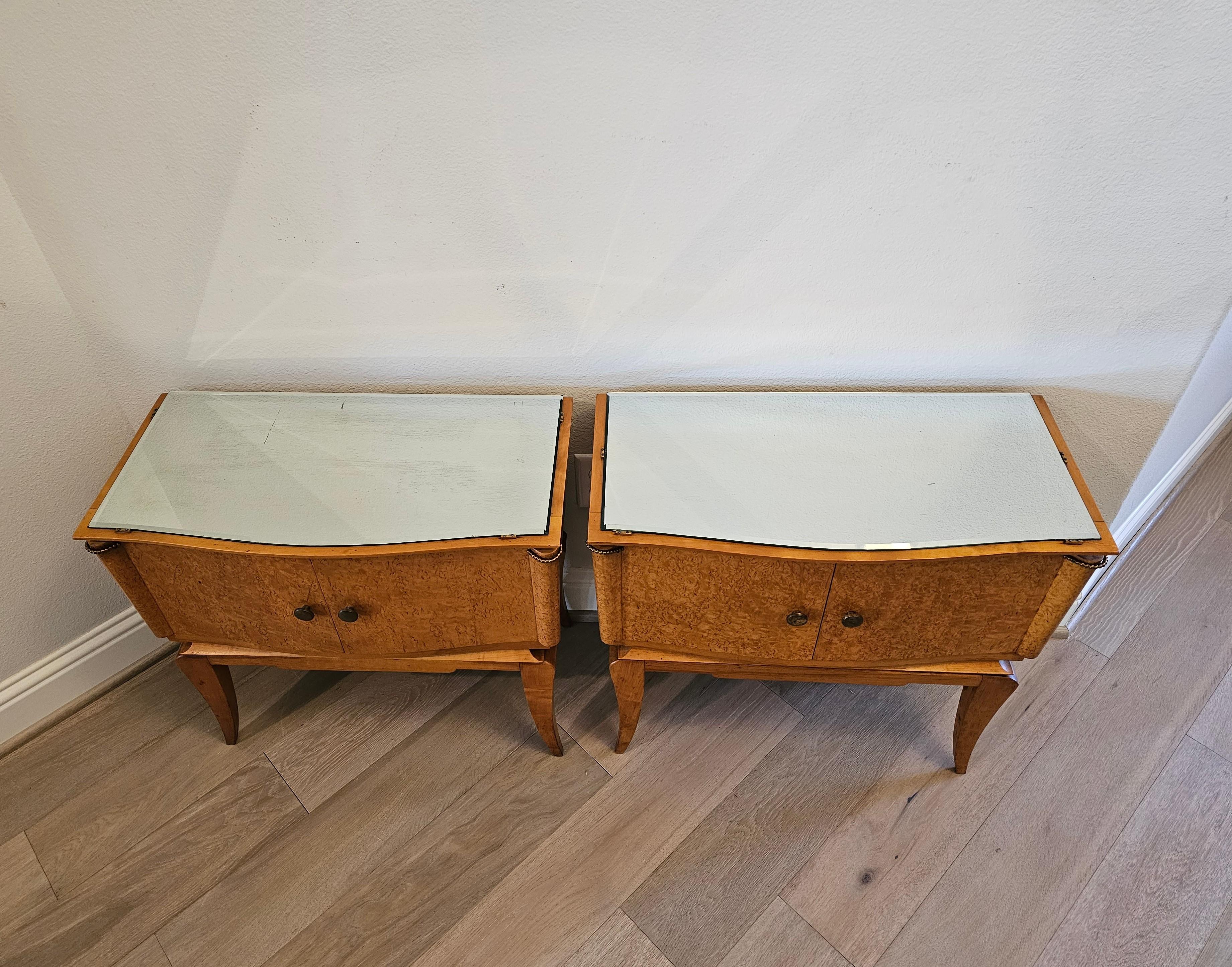 Mid-Century Modern Mid-Century French Modern Burled Maple Mirrored Glass Nightstand Tables