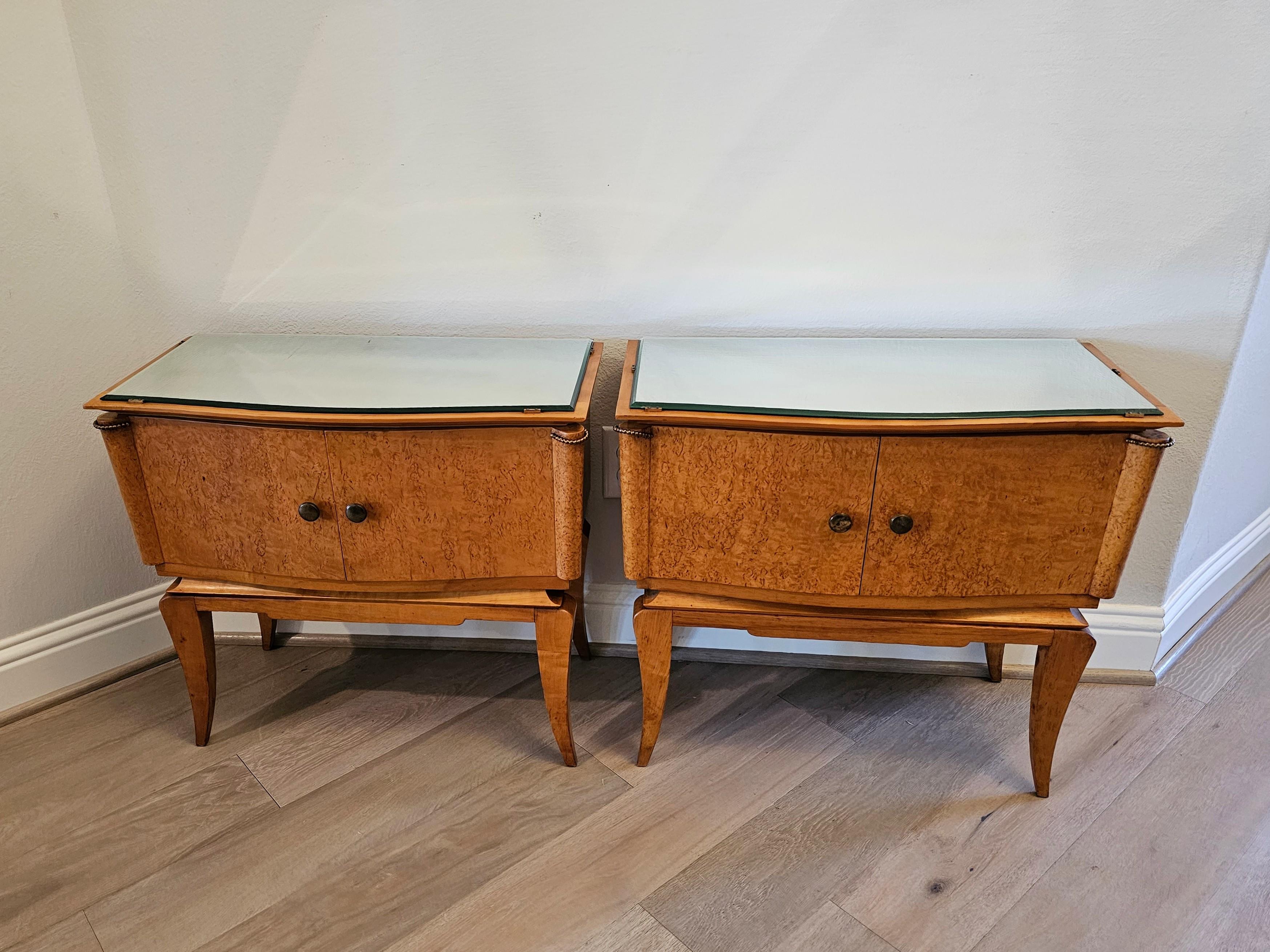 Hand-Crafted Mid-Century French Modern Burled Maple Mirrored Glass Nightstand Tables