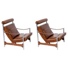 Midcentury French Modern Sculpted Walnut & Leather Lounge Chairs by Steiner