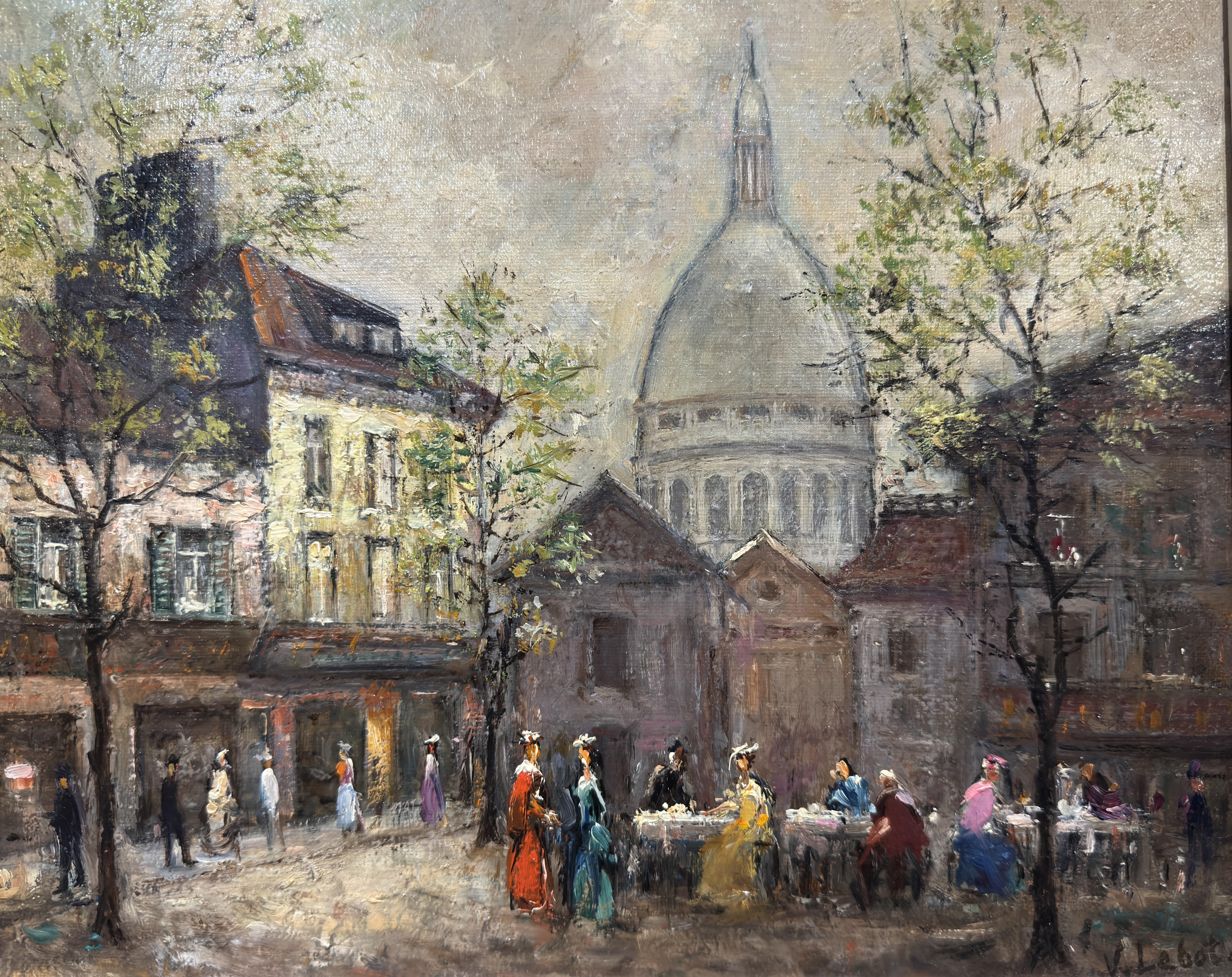 Carved Mid-Century French Montmartre and Sacré-Cœur Oil Painting Signed V. Lebot