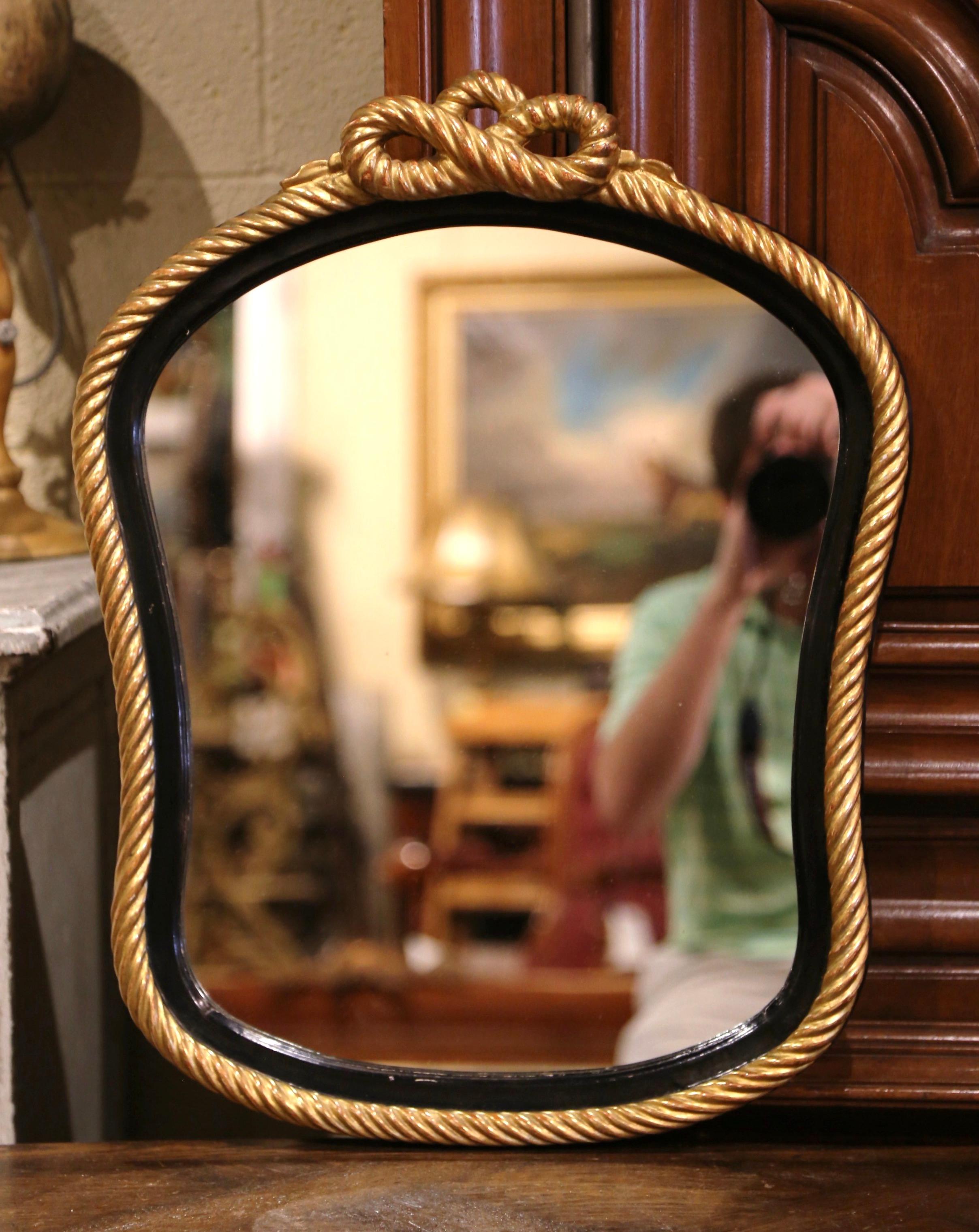 20th Century Mid-Century French Napoleon III Blackened and Gilt Wall Mirror with Roped Bow For Sale