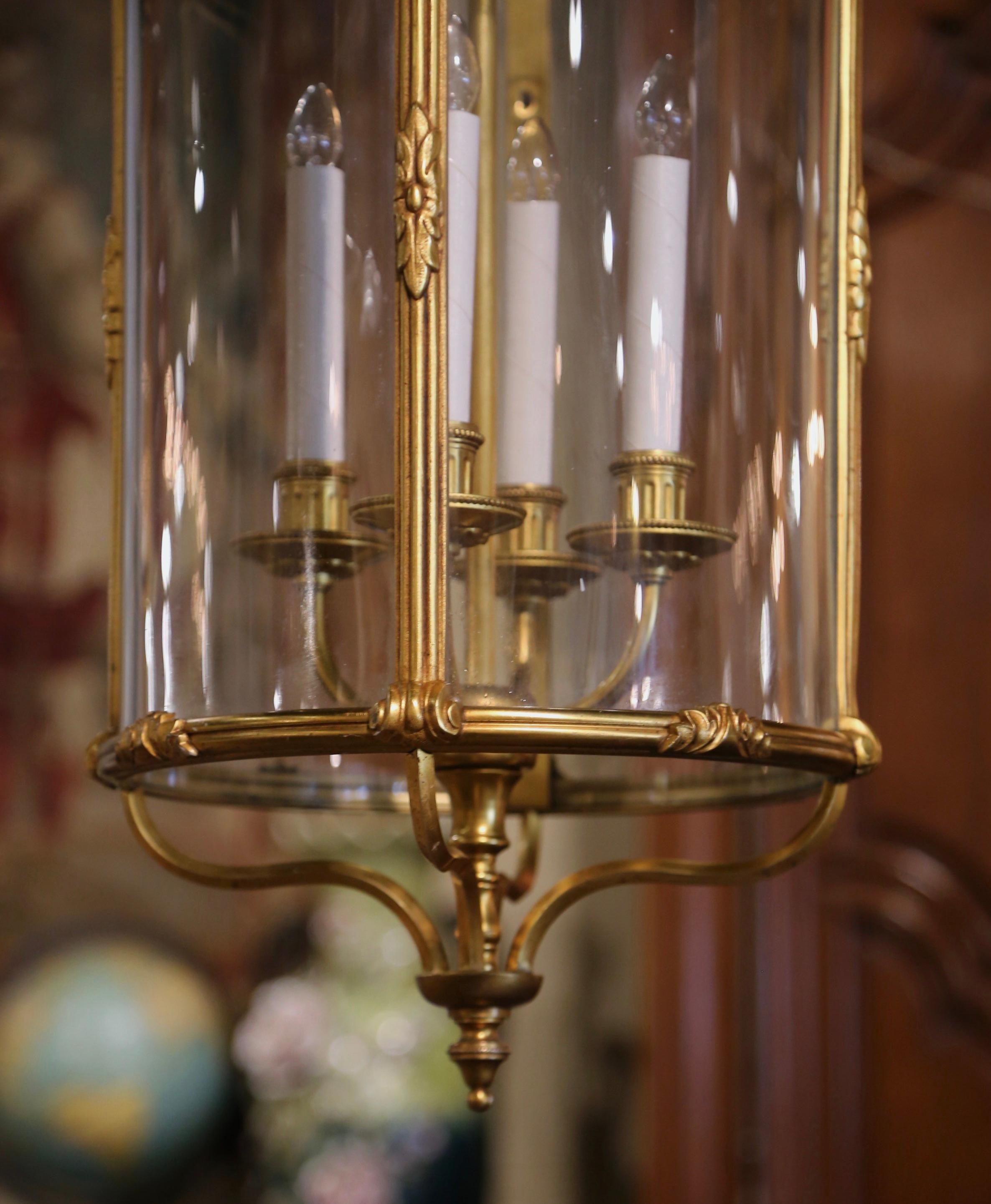 Hand-Crafted  Mid-Century French Napoleon III Bronze and Glass Four-Light Ceiling Lantern  For Sale
