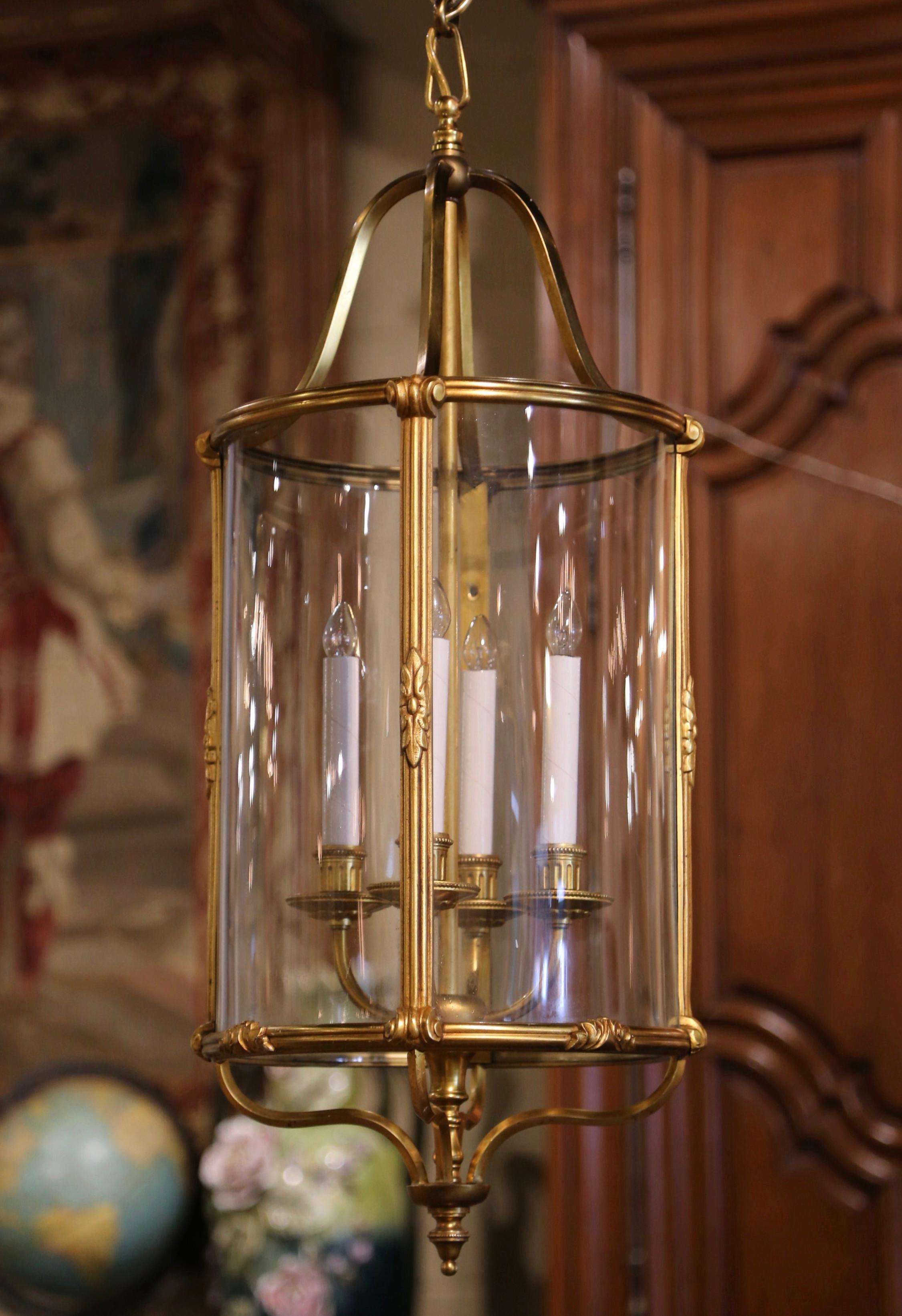 20th Century  Mid-Century French Napoleon III Bronze and Glass Four-Light Ceiling Lantern  For Sale