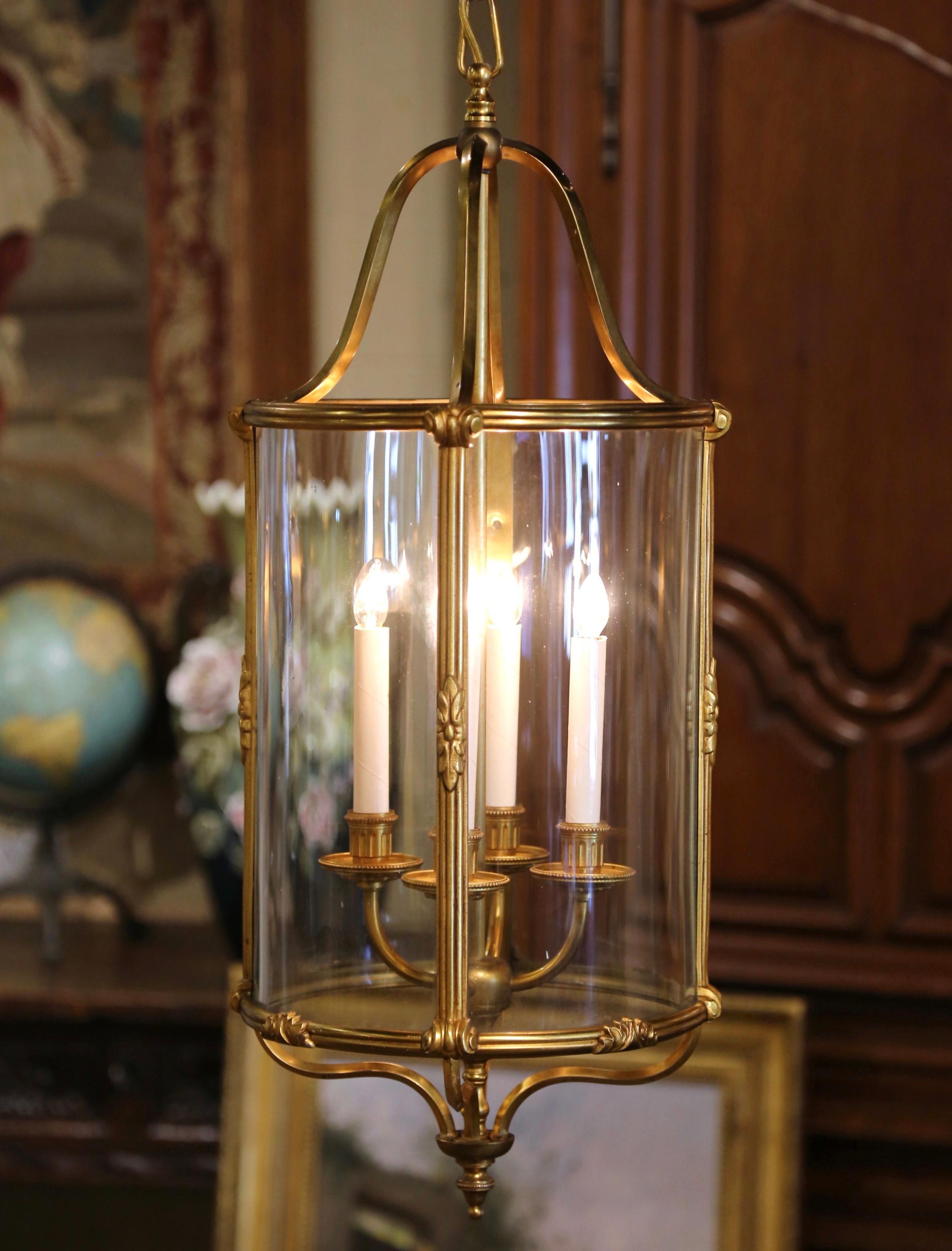 Brass  Mid-Century French Napoleon III Bronze and Glass Four-Light Ceiling Lantern  For Sale