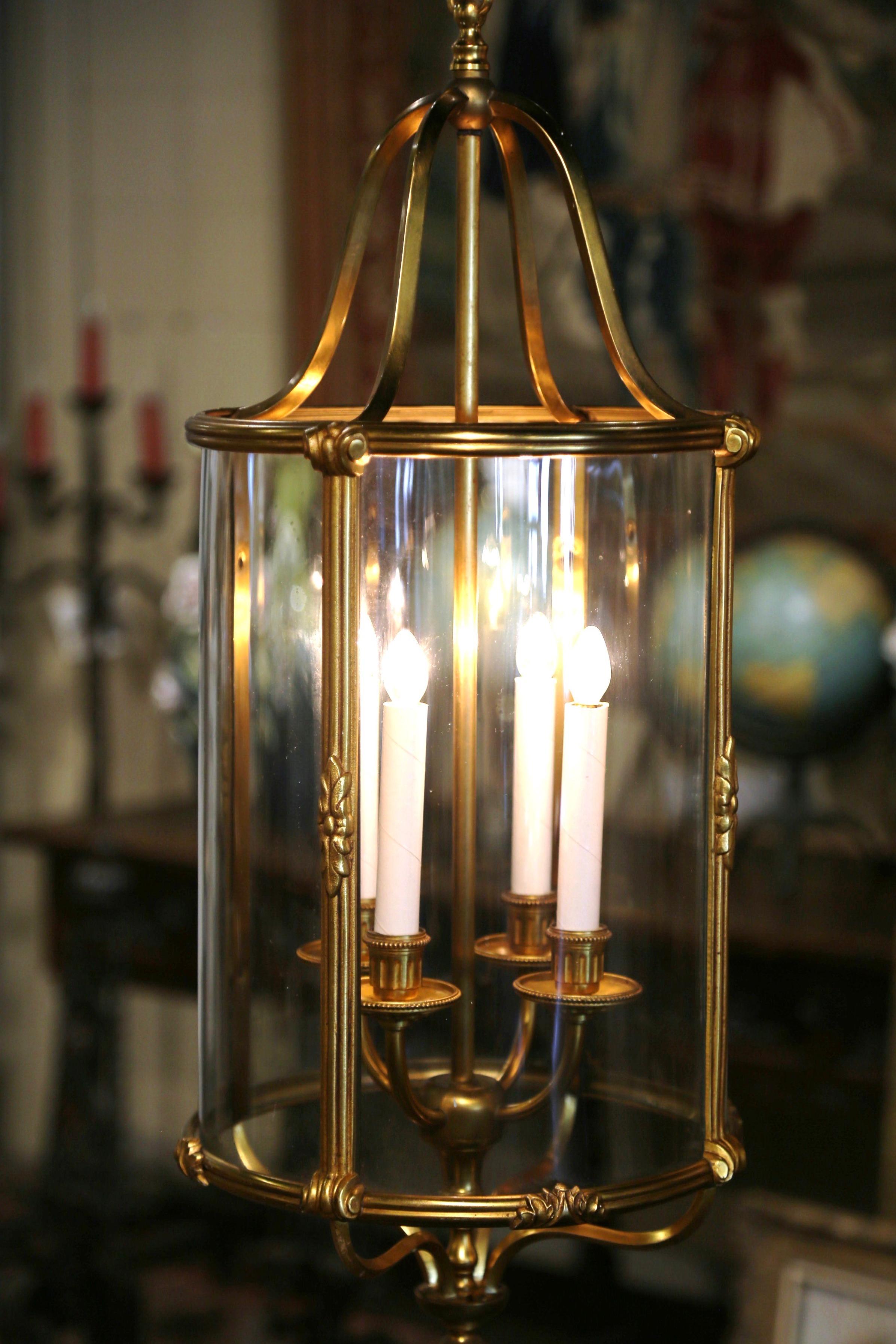  Mid-Century French Napoleon III Bronze and Glass Four-Light Ceiling Lantern  For Sale 1