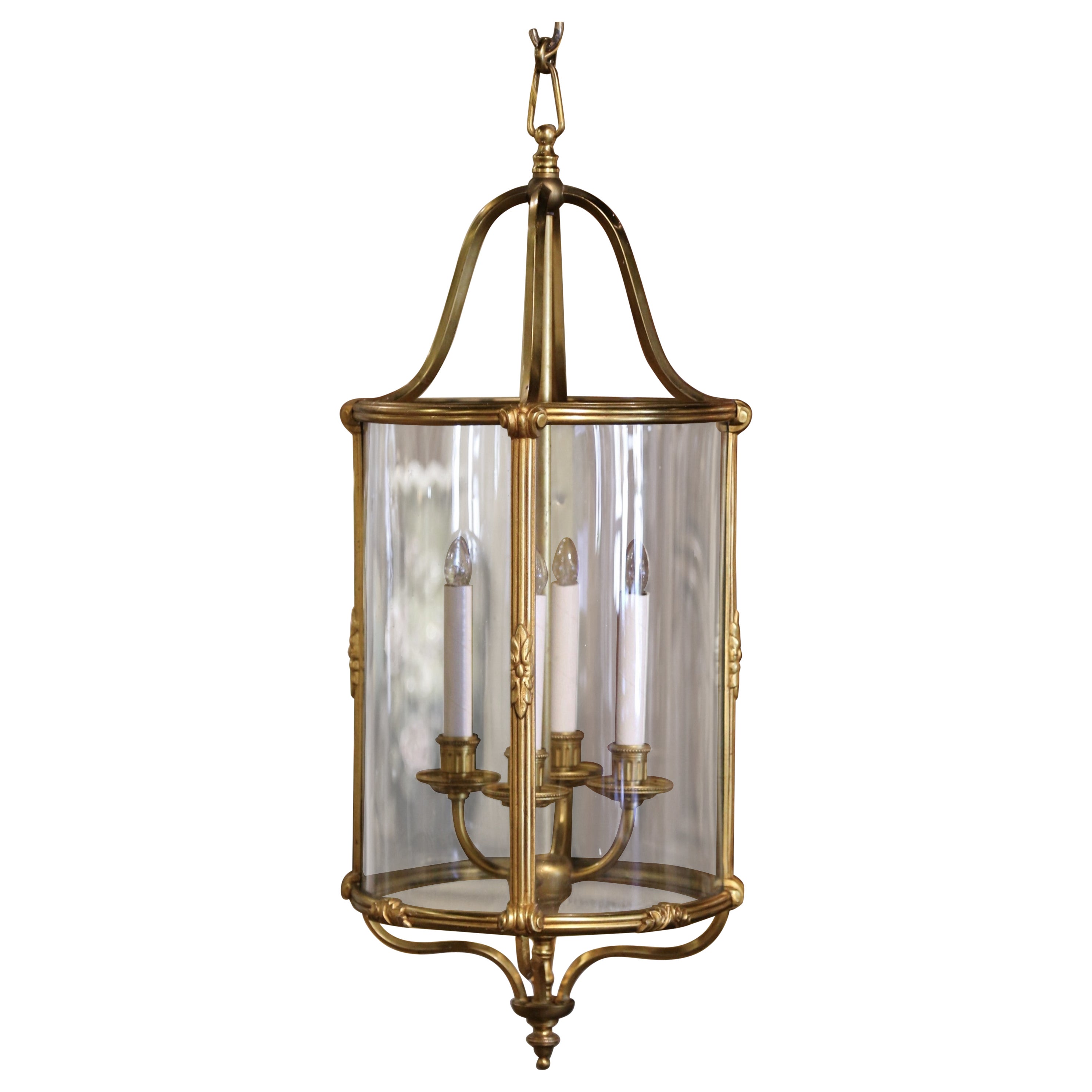 Mid-Century French Napoleon III Bronze and Glass Four-Light Ceiling Lantern