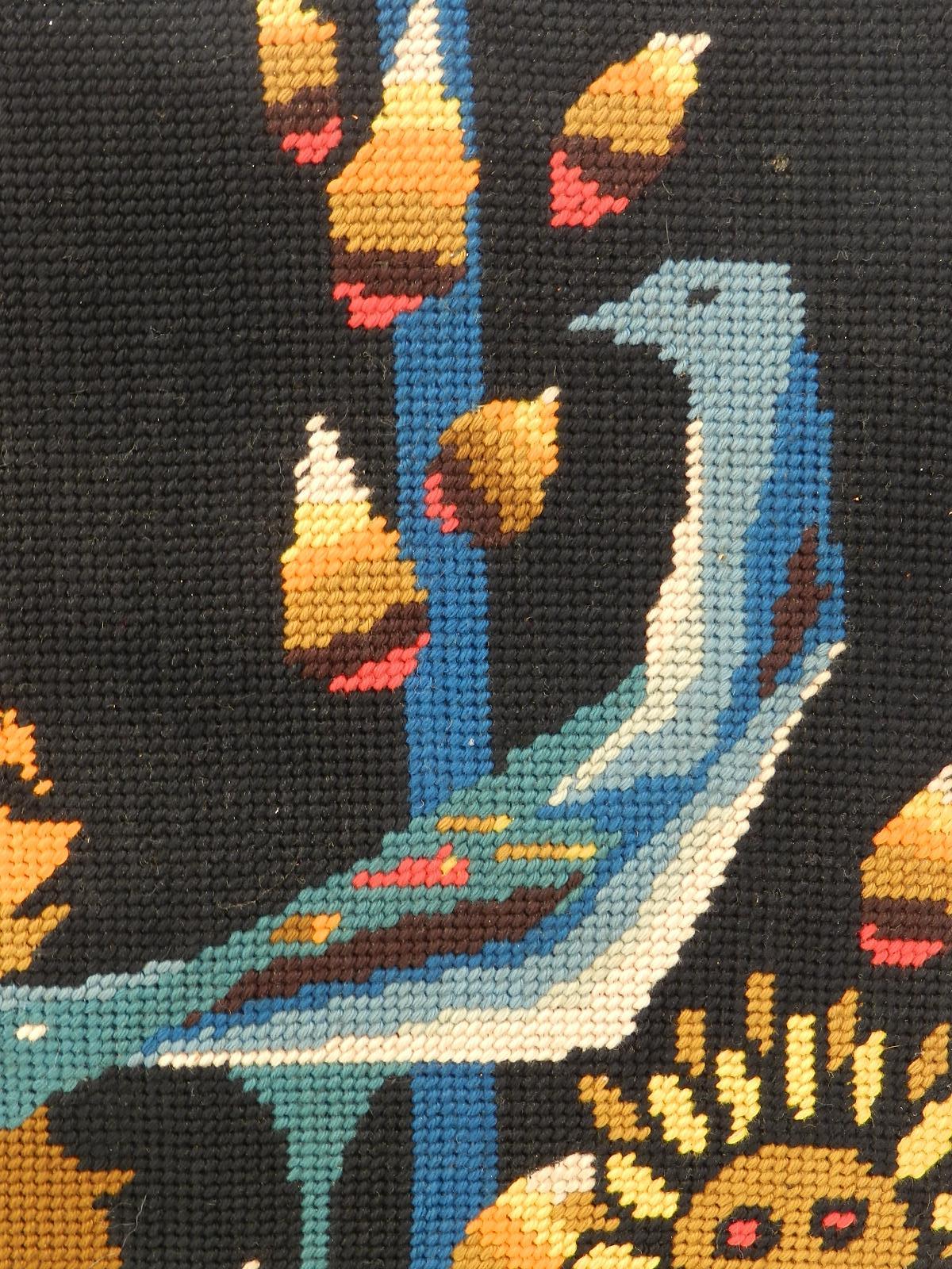 Midcentury tapestry wall hanging French needlepoint in the manner of Jean Lurcat and Picart Le Doux
Decorative embroidered needlework on canvas 1930s-1950s French Folk Art 
These works were popular French inspirations after the tapestries and