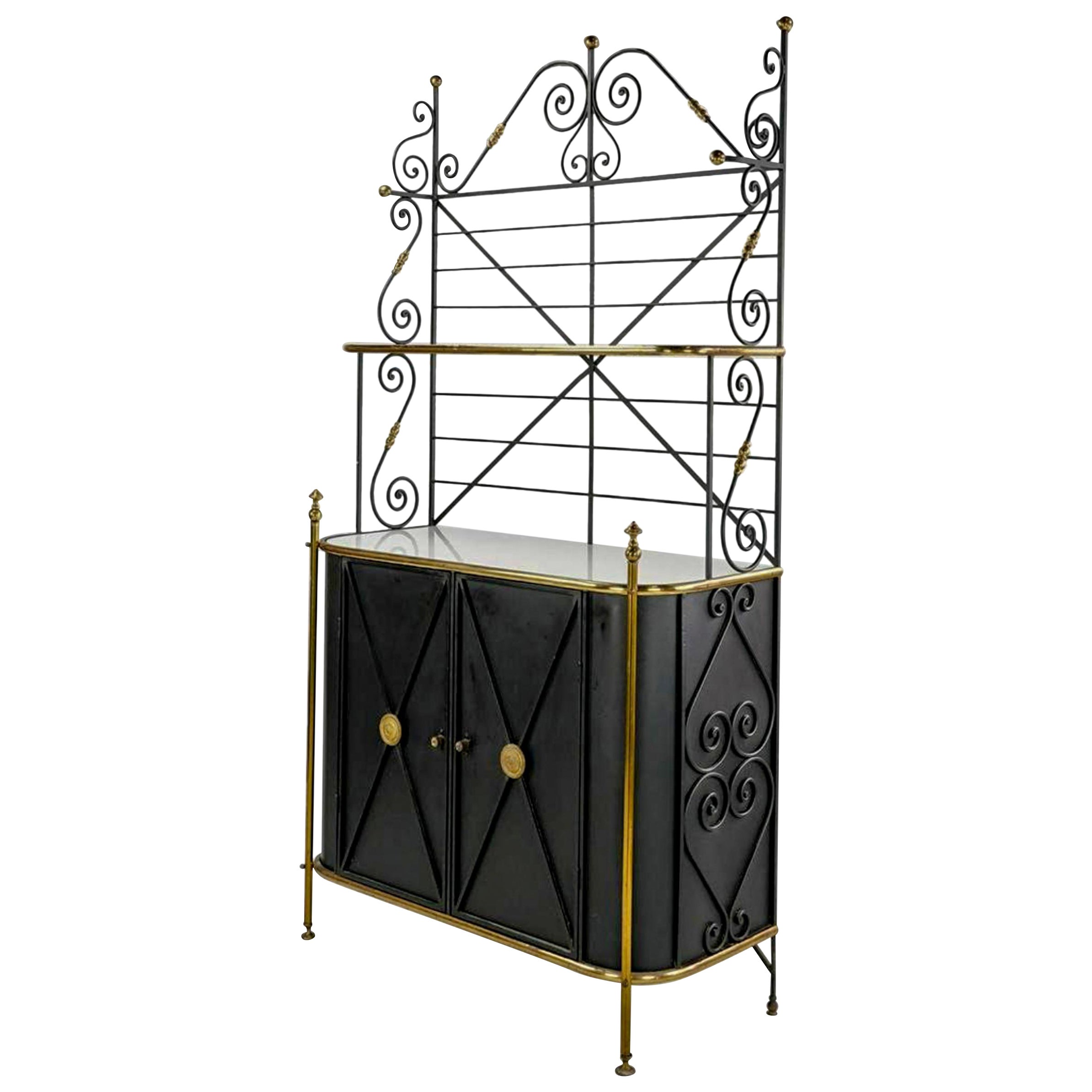 Mid-Century French Neo-Classical Brass & Iron Baker’s Rack / Cabinet / Bar