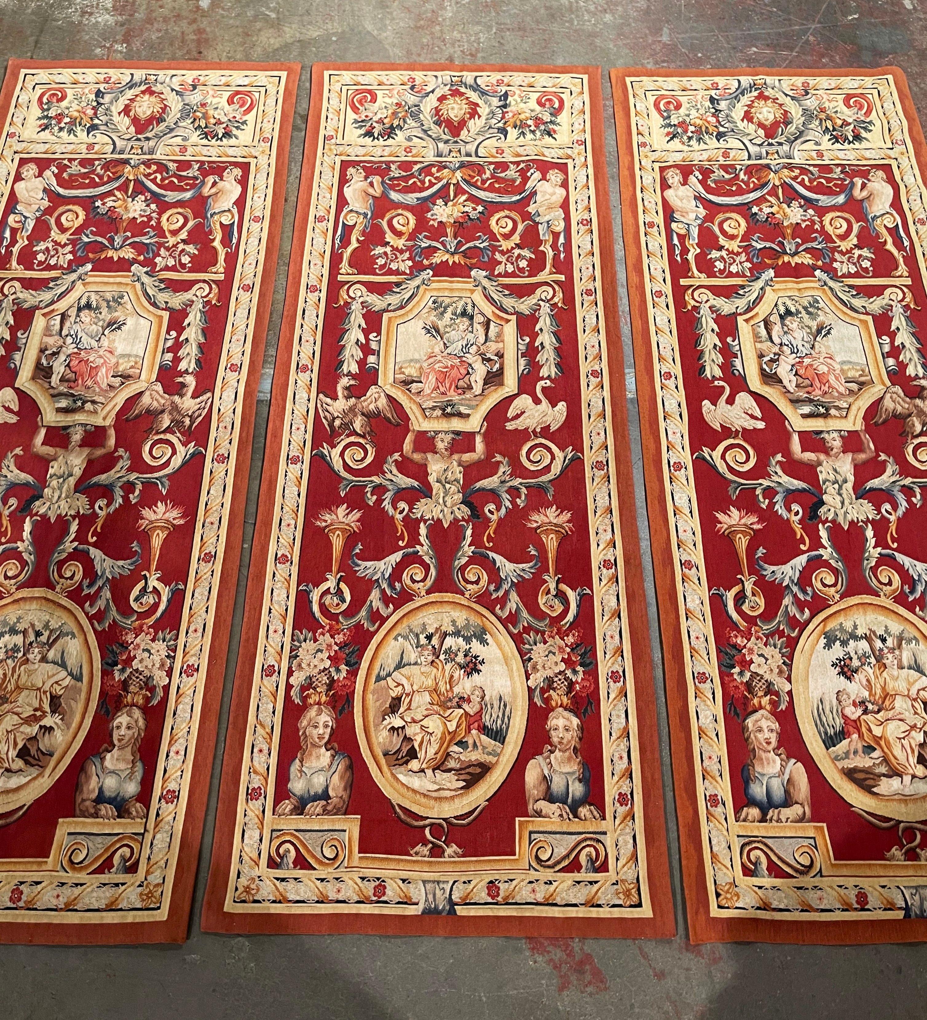 Carved Mid-Century French Neo-Classical Hand Woven Wall Portieres Tapestries-Set of 3 For Sale