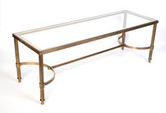 Mid Century French Neoclassical Brass and Glass Narrow Slim Coffee Table