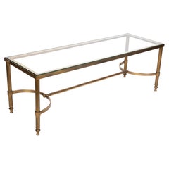 Mid Century French Neoclassical Brass and Glass Narrow Slim Coffee Table