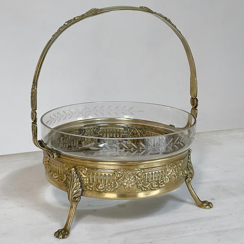 Mid-Century French Neoclassical Brass & Etched Glass Footed Centerpiece will bring a splash of color and the smell of fresh flowers to your table or sideboard, and perform it with classic style!  Embossed to a high degree of meticulous detail with