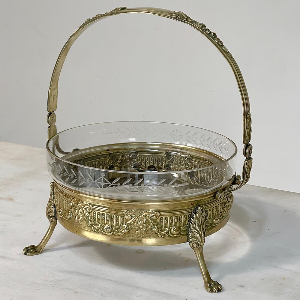 Neoclassical Revival Mid-Century French Neoclassical Brass & Etched Glass Footed Centerpiece For Sale