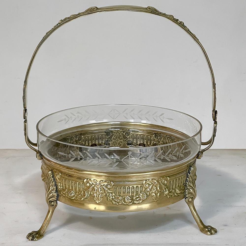 Mid-Century French Neoclassical Brass & Etched Glass Footed Centerpiece In Good Condition For Sale In Dallas, TX