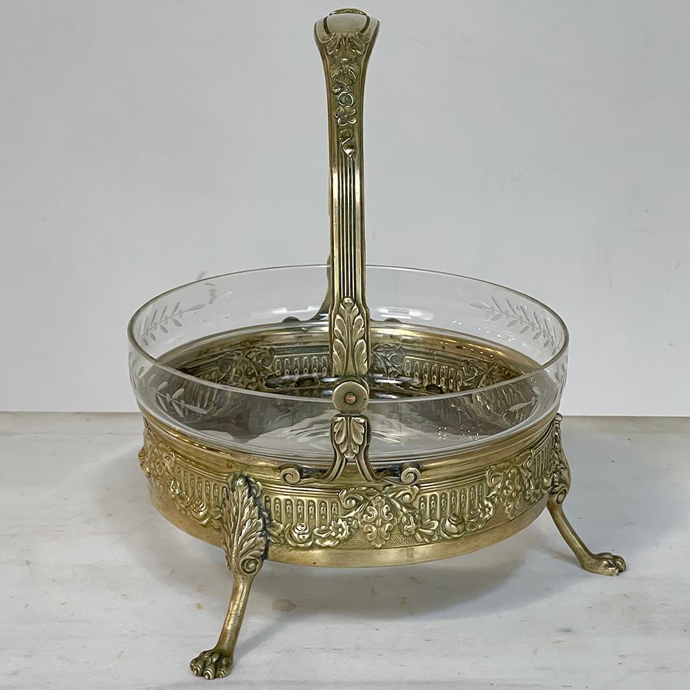 20th Century Mid-Century French Neoclassical Brass & Etched Glass Footed Centerpiece For Sale