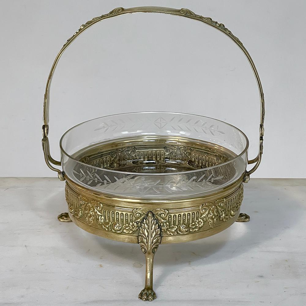 Mid-Century French Neoclassical Brass & Etched Glass Footed Centerpiece For Sale 1