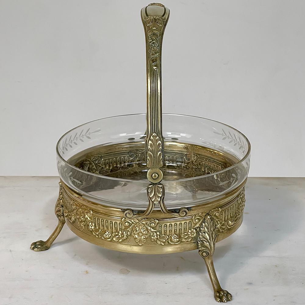 Mid-Century French Neoclassical Brass & Etched Glass Footed Centerpiece For Sale 2