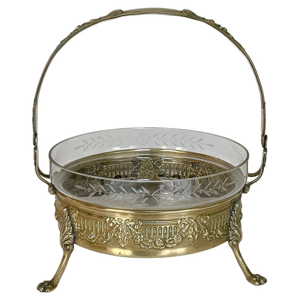 Mid-Century French Neoclassical Brass & Etched Glass Footed Centerpiece For Sale