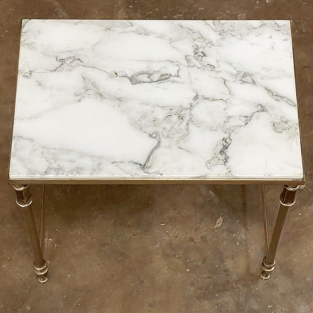 Midcentury French Neoclassical Brass Nesting Tables with Marble Tops For Sale 4