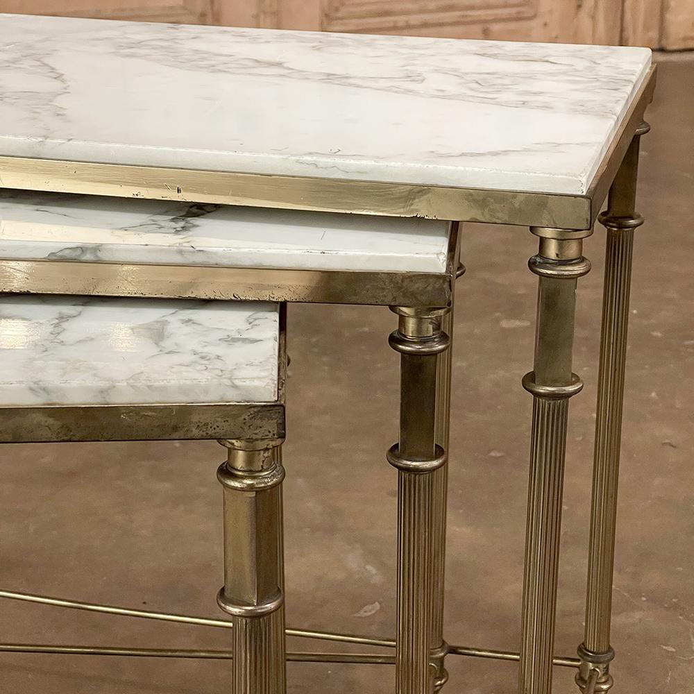 Midcentury French Neoclassical Brass Nesting Tables with Marble Tops For Sale 6