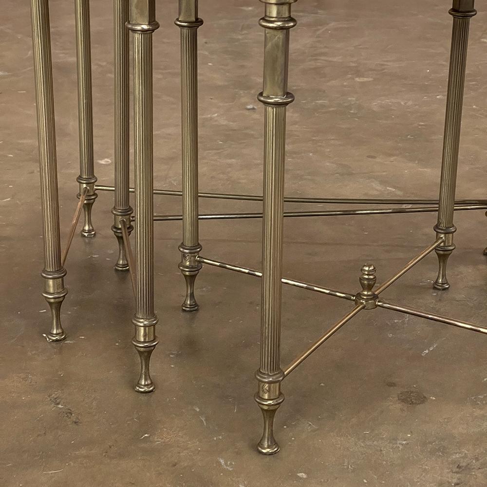 Midcentury French Neoclassical Brass Nesting Tables with Marble Tops For Sale 7