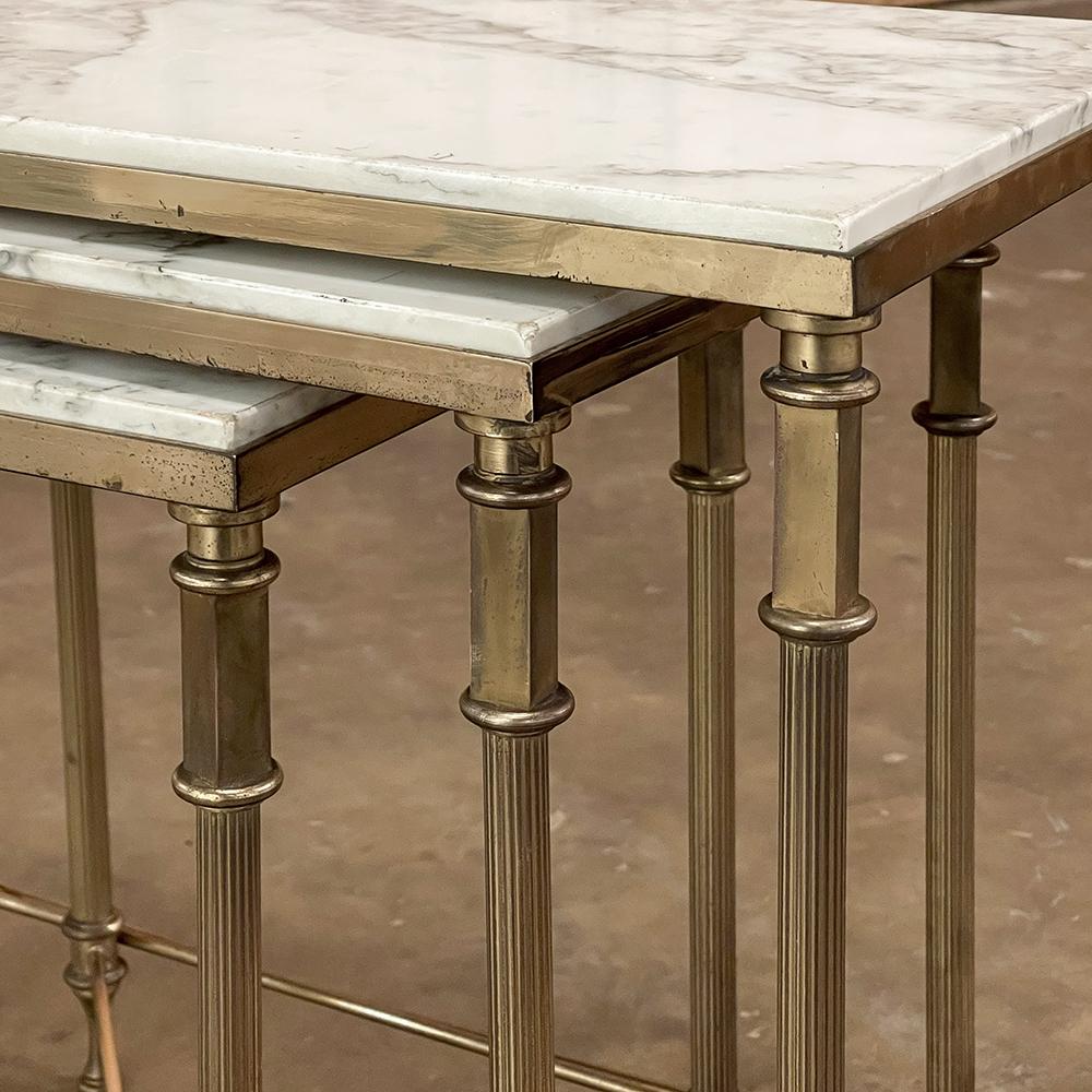 Midcentury French Neoclassical Brass Nesting Tables with Marble Tops For Sale 9