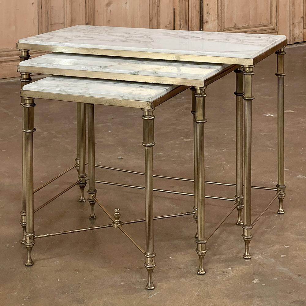 Mid-Century Modern Midcentury French Neoclassical Brass Nesting Tables with Marble Tops For Sale