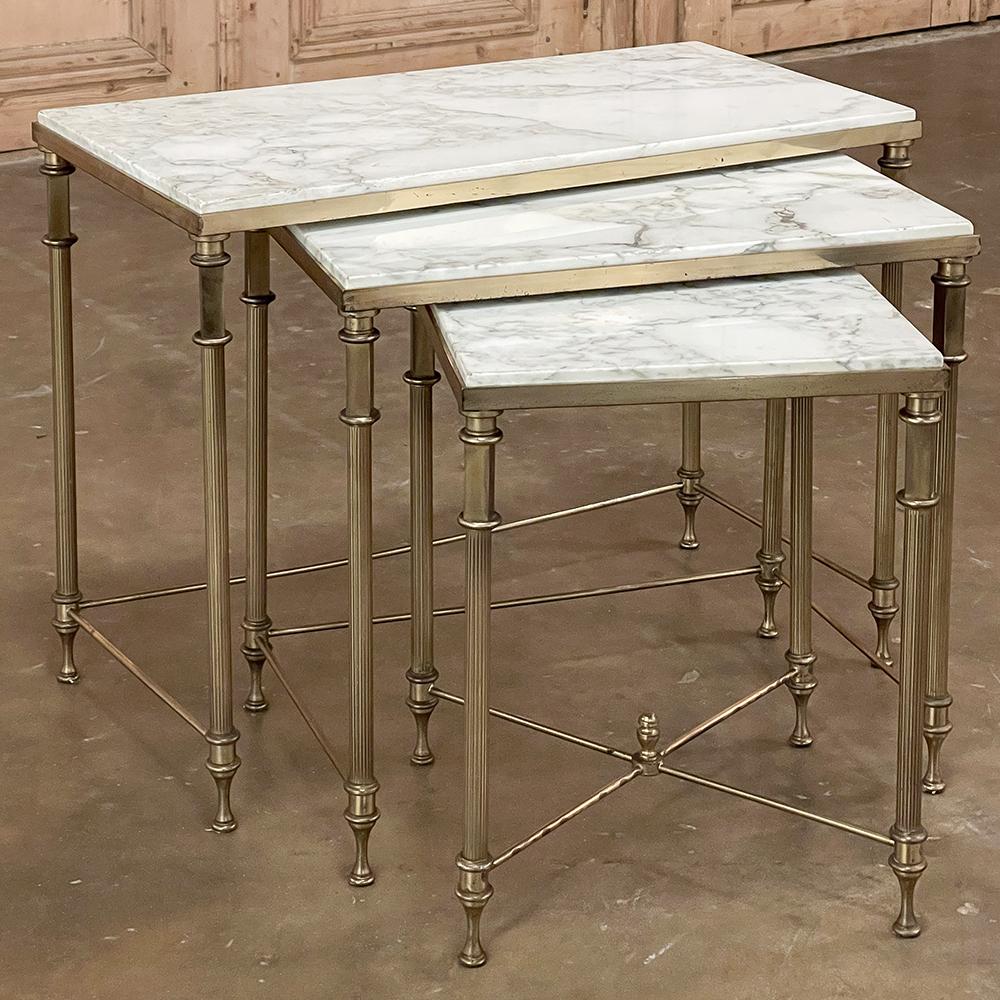Midcentury French Neoclassical Brass Nesting Tables with Marble Tops In Good Condition For Sale In Dallas, TX