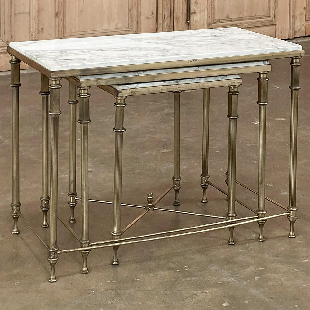 Midcentury French Neoclassical Brass Nesting Tables with Marble Tops For Sale 1