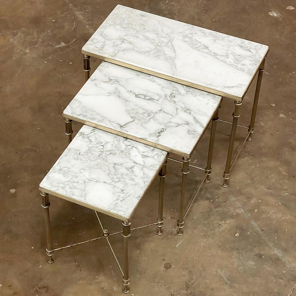 Midcentury French Neoclassical Brass Nesting Tables with Marble Tops For Sale 2
