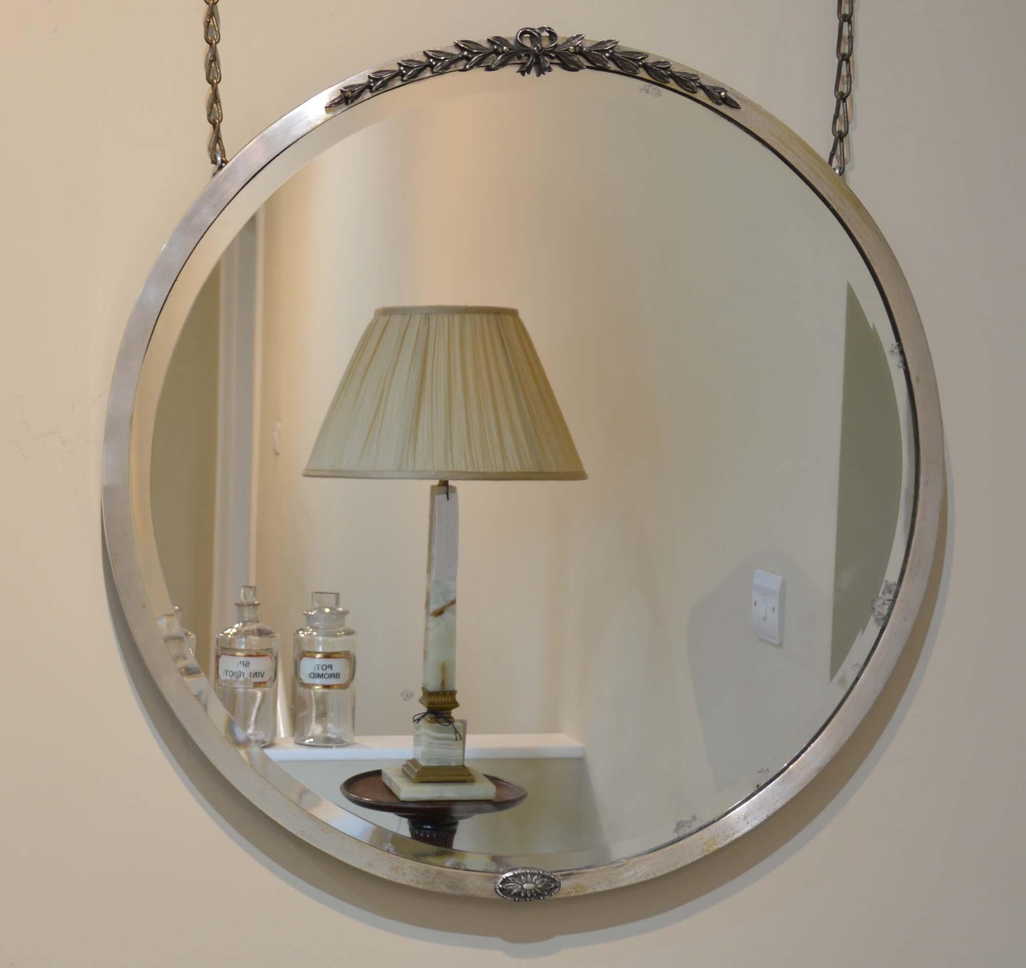 Miroir rond nickelé français du milieu du siècle Bon état - En vente à Castle Douglas, GB