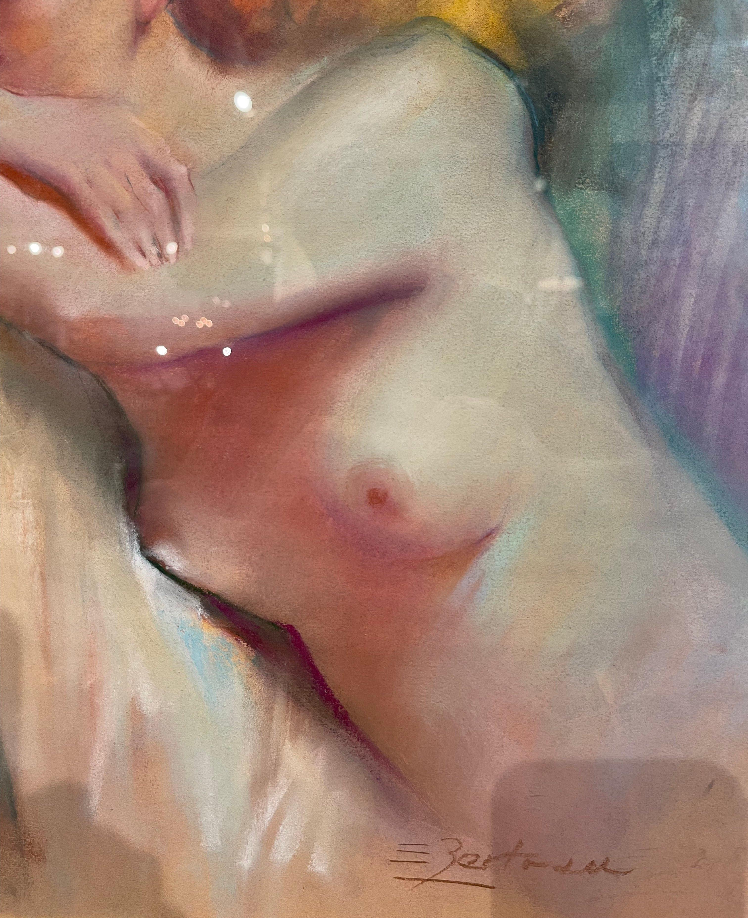 Pastel desnudo francés de mediados de siglo en marco tallado y pintado firmado Berteau Pintado a mano en venta