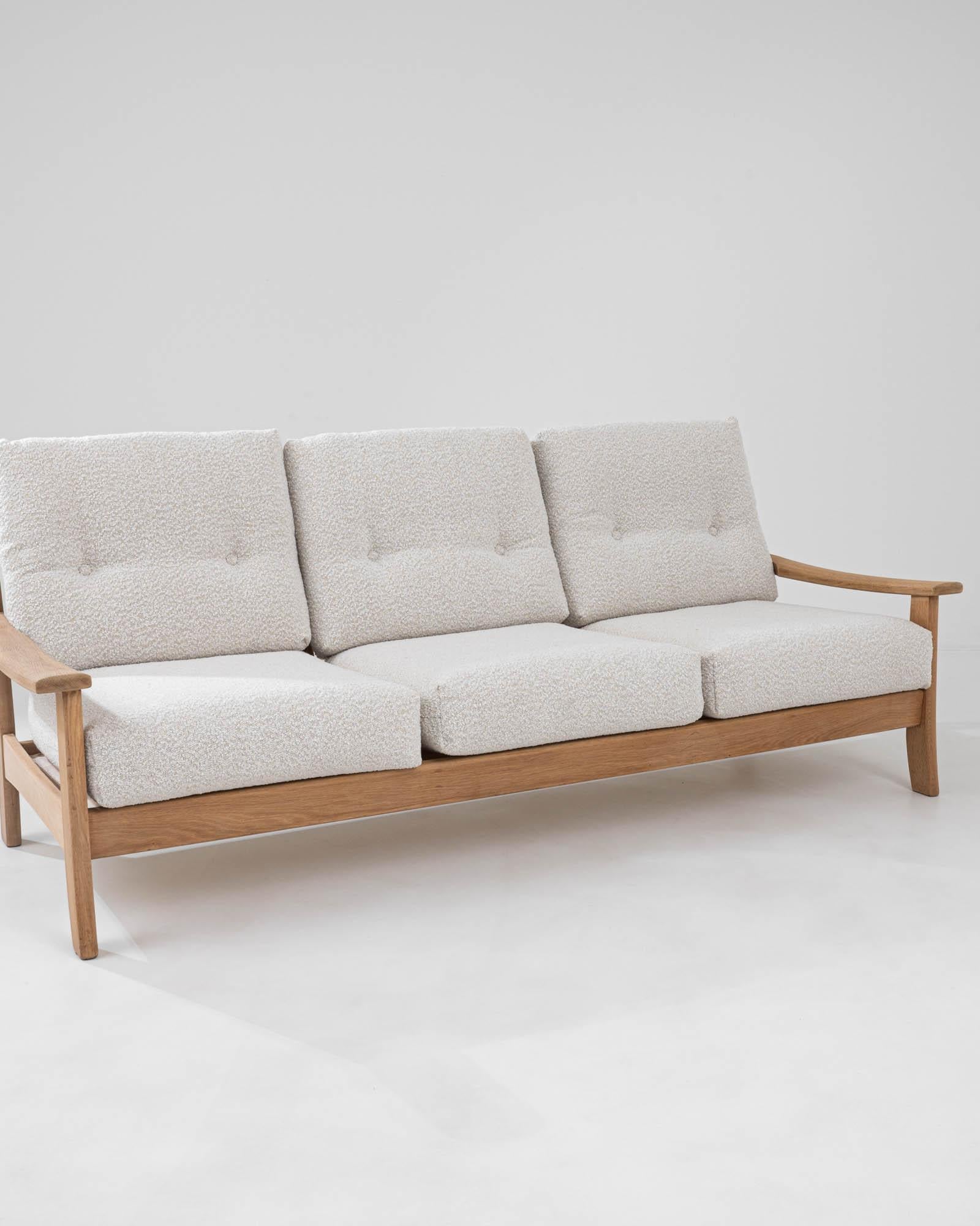 Mid-Century French Oak and Boucle Sofa For Sale 3