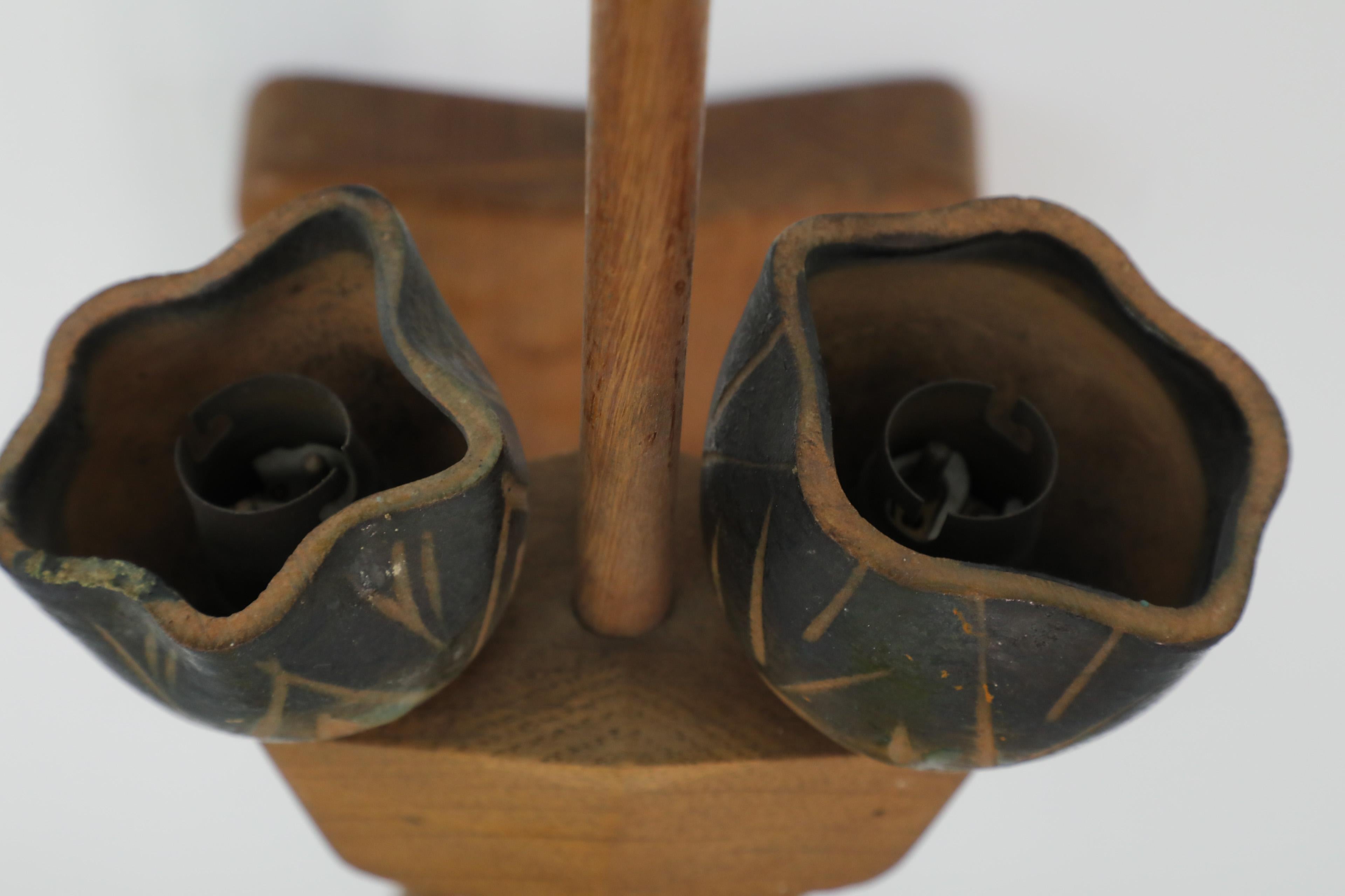 Mid-Century French Oak and Ceramic Wall Sconce by Guillerme et Chambron For Sale 11