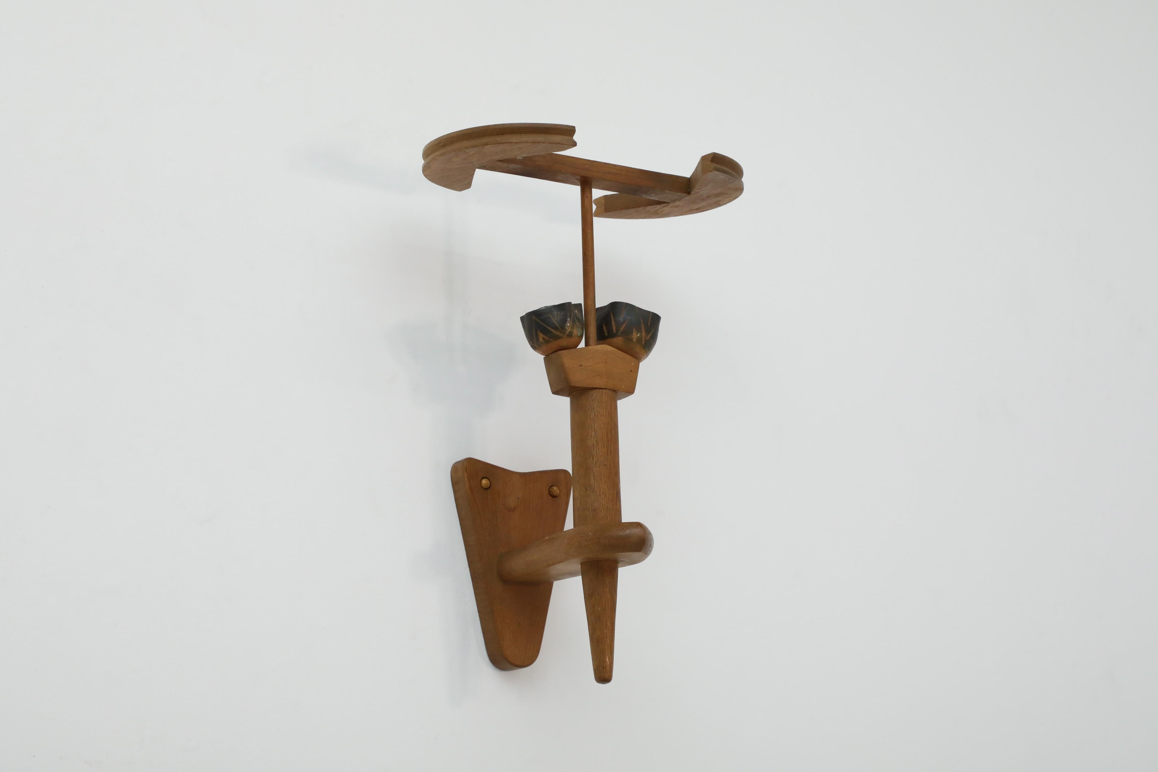 Mid-Century French Oak and Ceramic Wall Sconce by Guillerme et Chambron In Good Condition For Sale In Los Angeles, CA