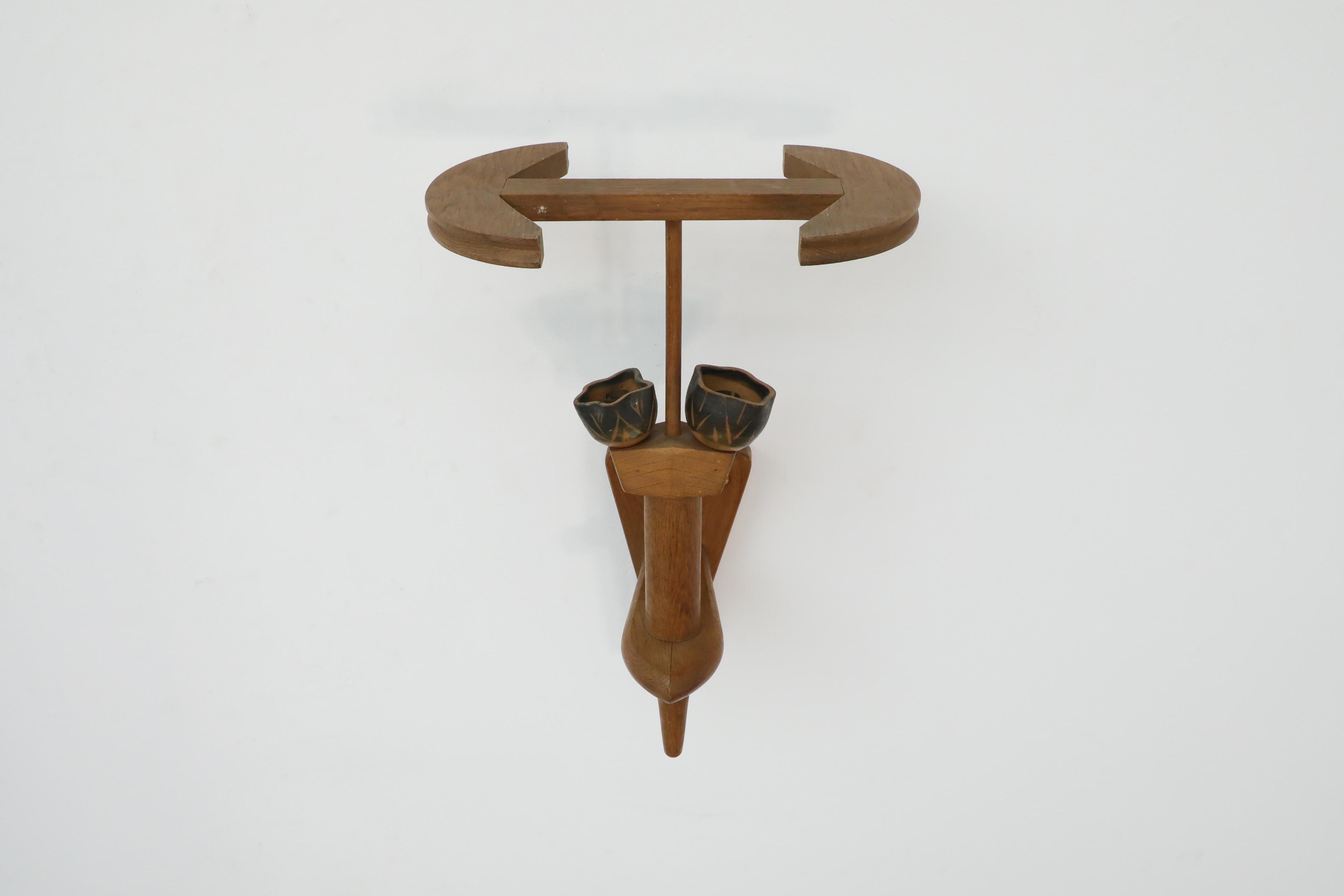 Mid-Century French Oak and Ceramic Wall Sconce by Guillerme et Chambron For Sale 2