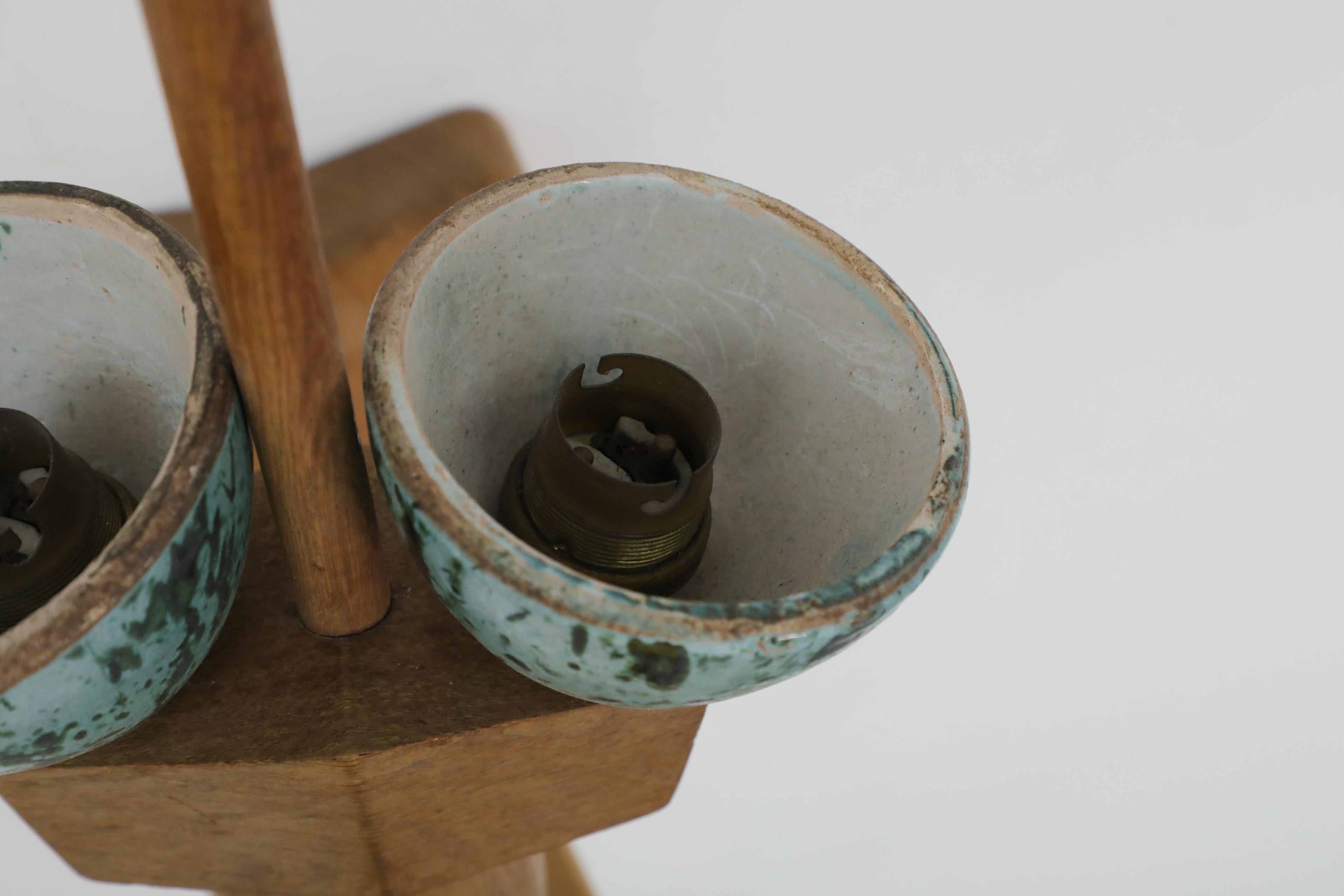 Mid-Century French Oak and Green Ceramic Wall Sconce by Guillerme et Chambron For Sale 8