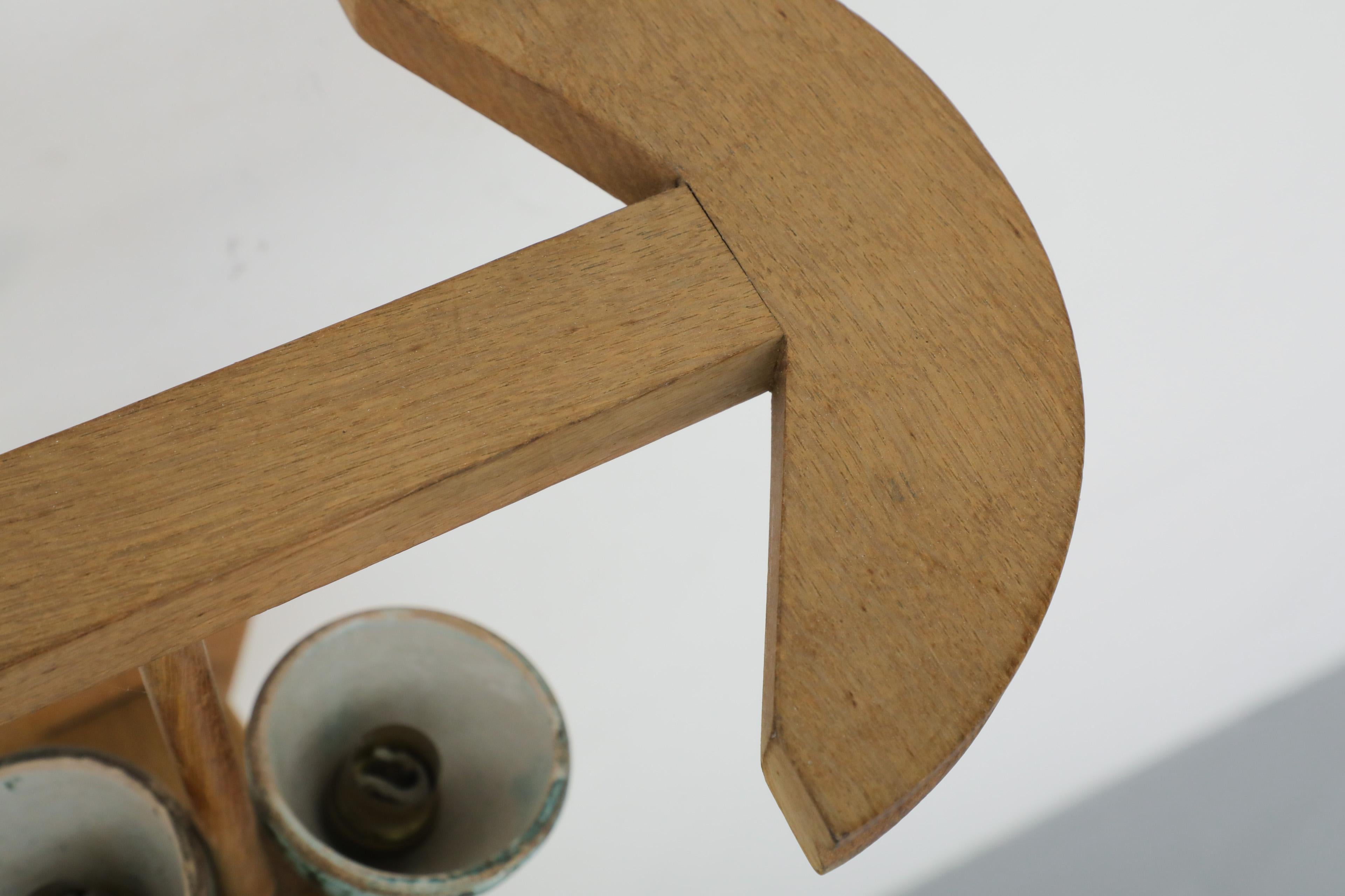 Mid-Century French Oak and Green Ceramic Wall Sconce by Guillerme et Chambron For Sale 9
