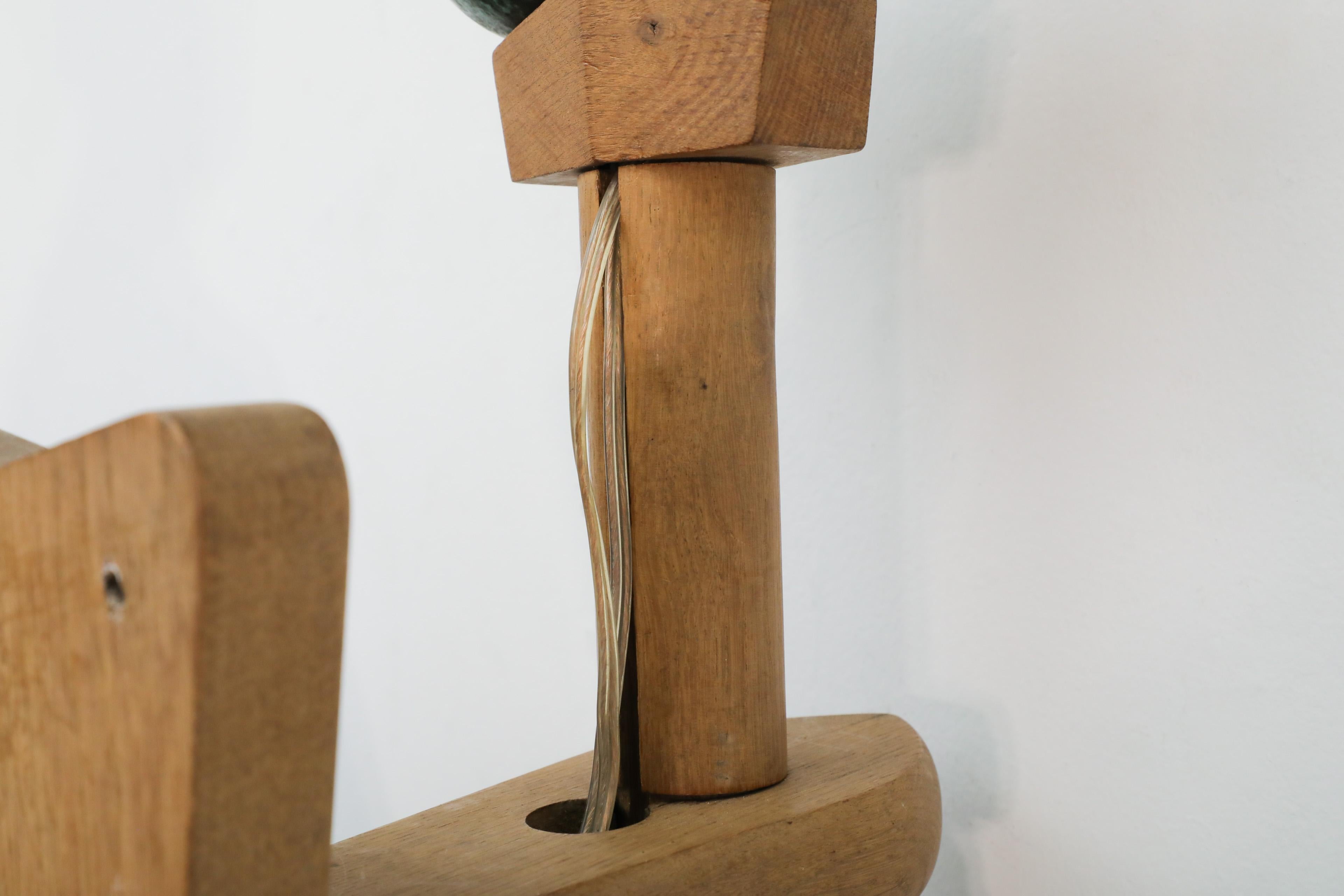 Mid-Century French Oak and Green Ceramic Wall Sconce by Guillerme et Chambron For Sale 11