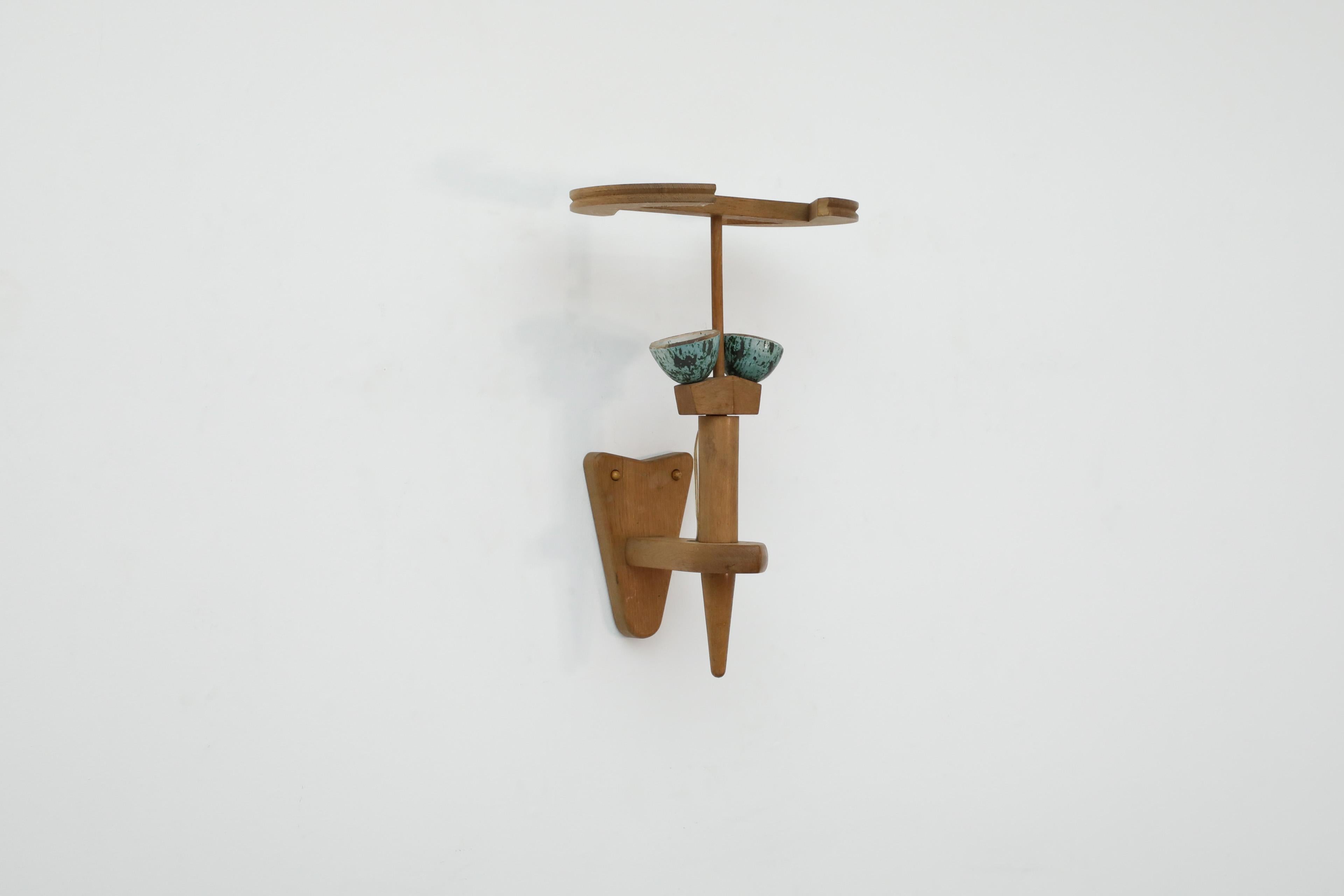 Mid-Century Modern Mid-Century French Oak and Green Ceramic Wall Sconce by Guillerme et Chambron For Sale