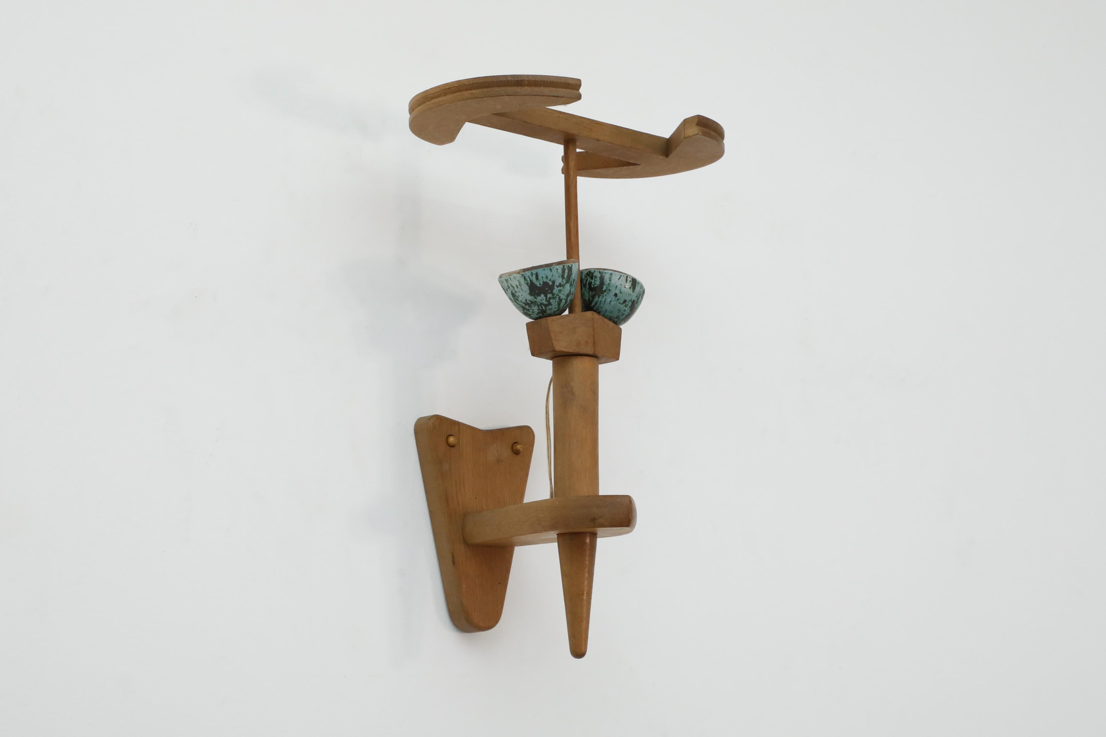 Mid-Century French Oak and Green Ceramic Wall Sconce by Guillerme et Chambron In Good Condition For Sale In Los Angeles, CA