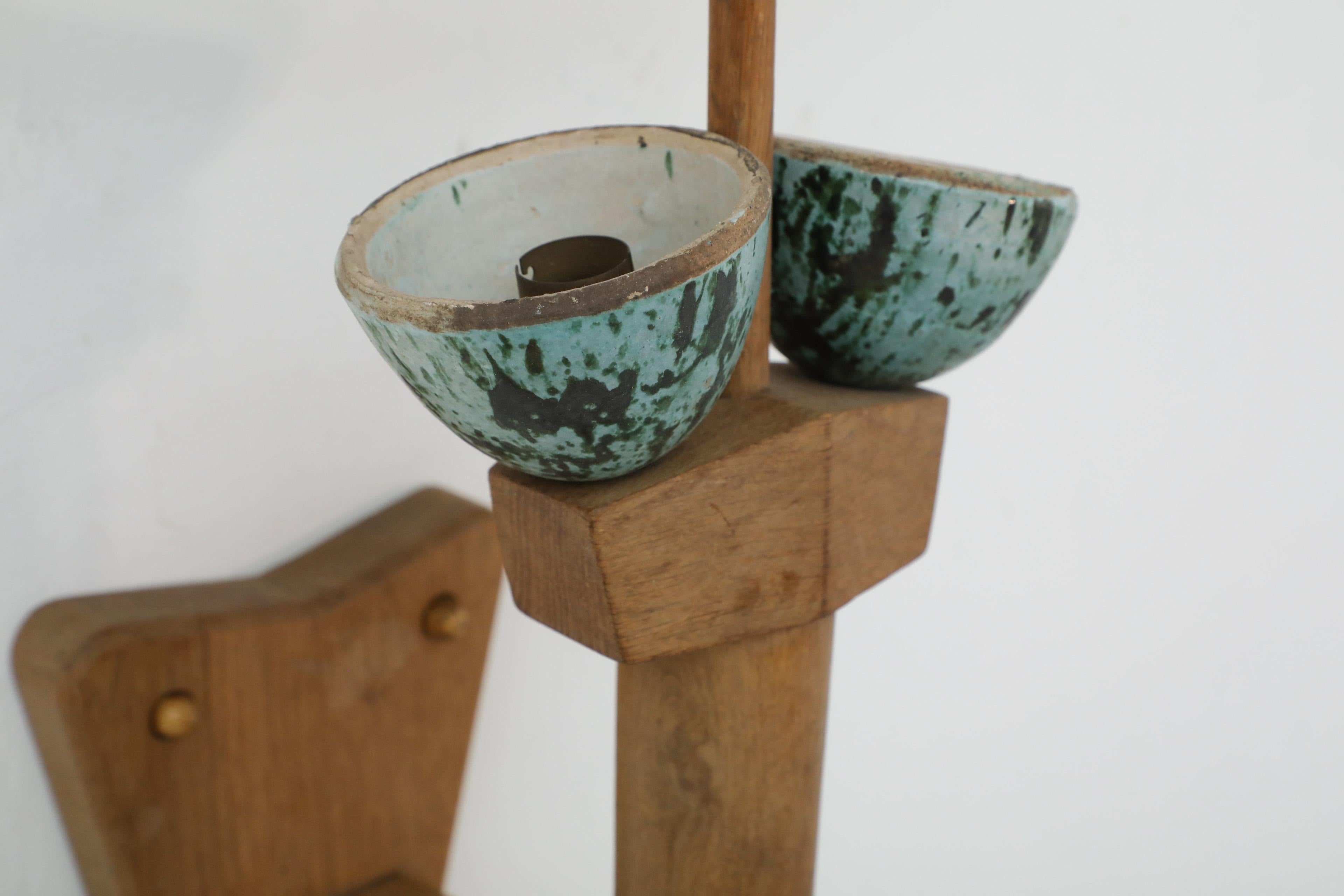 Mid-Century French Oak and Green Ceramic Wall Sconce by Guillerme et Chambron For Sale 1