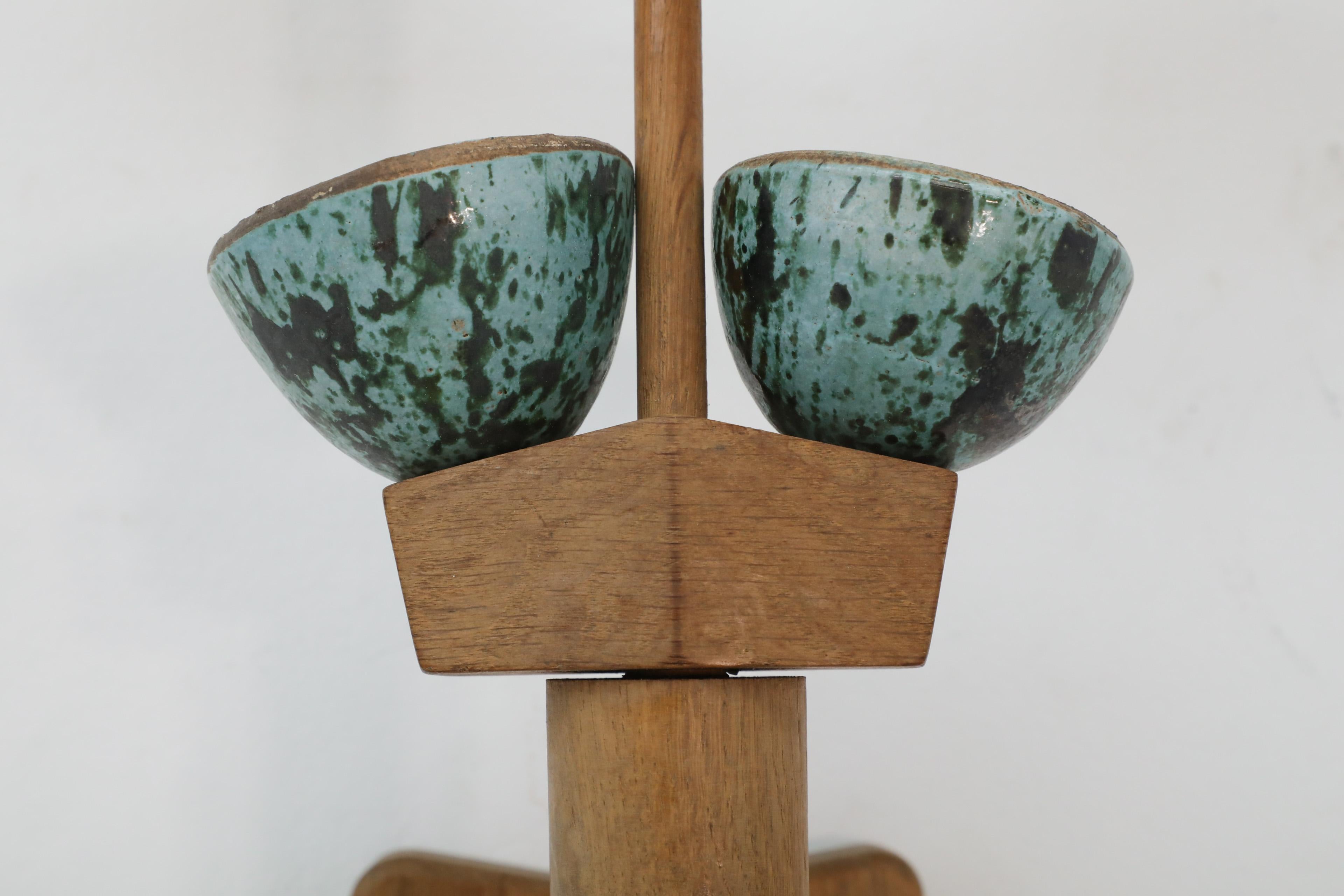 Mid-Century French Oak and Green Ceramic Wall Sconce by Guillerme et Chambron For Sale 2