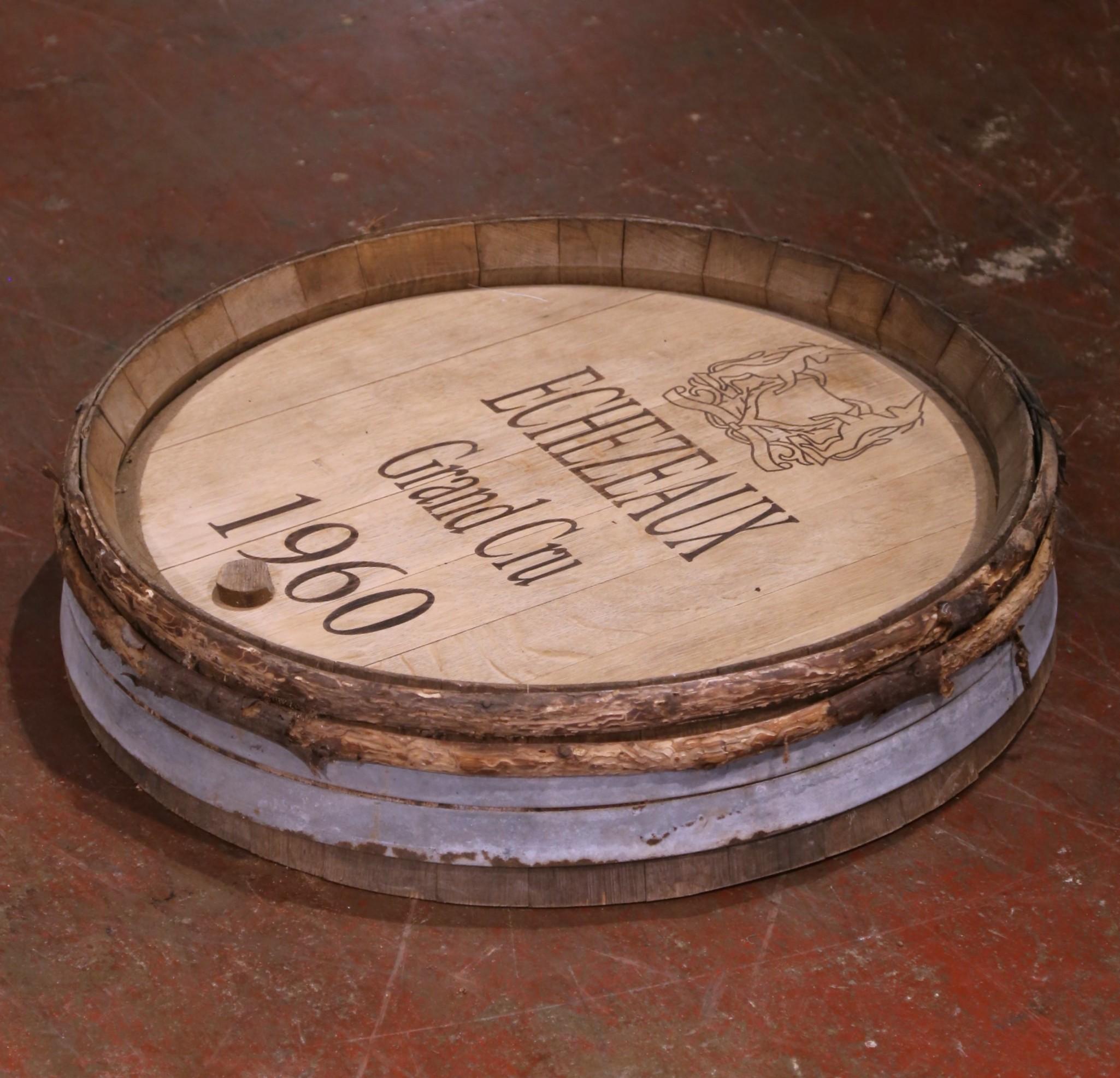 Country Mid-Century French Oak and Iron Decorative Wine Barrel Top Dated, 1960 For Sale