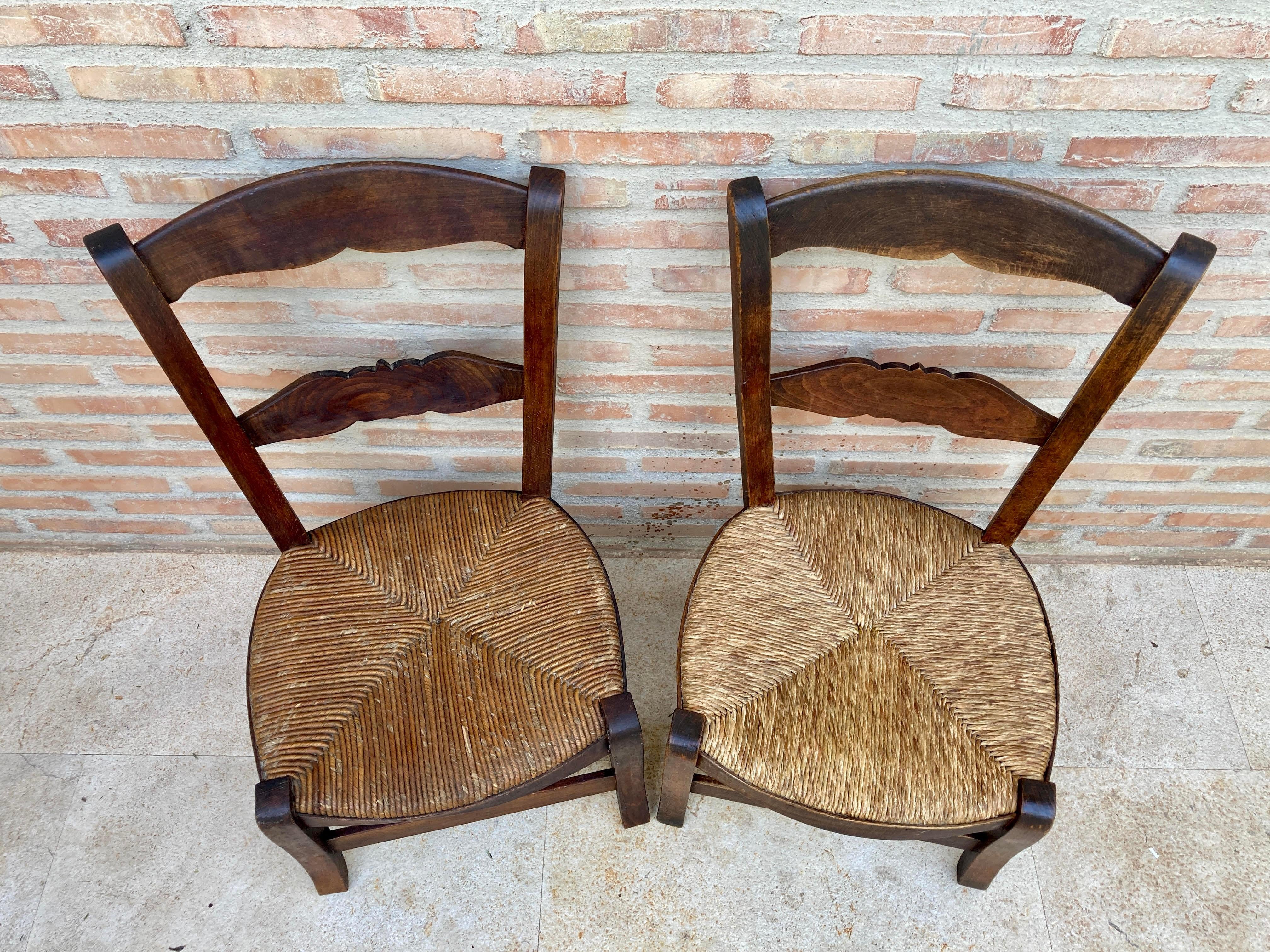Spanish Colonial Mid-Century French Oak and Rush Armchairs, Set of 2 For Sale