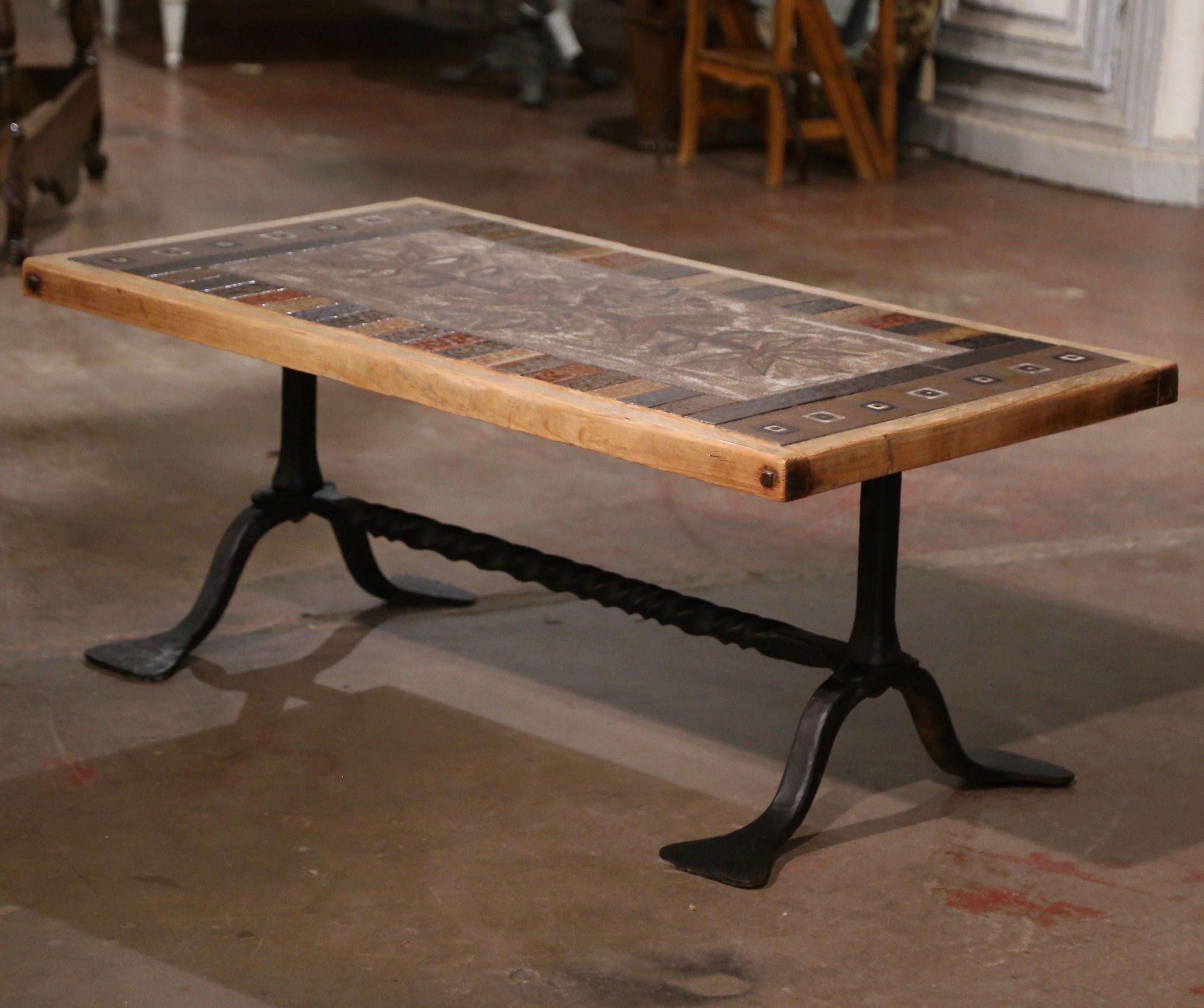 20th Century Mid-Century French Oak Ceramic and Wrought Iron Coffee Table Signed J.G. Picard For Sale