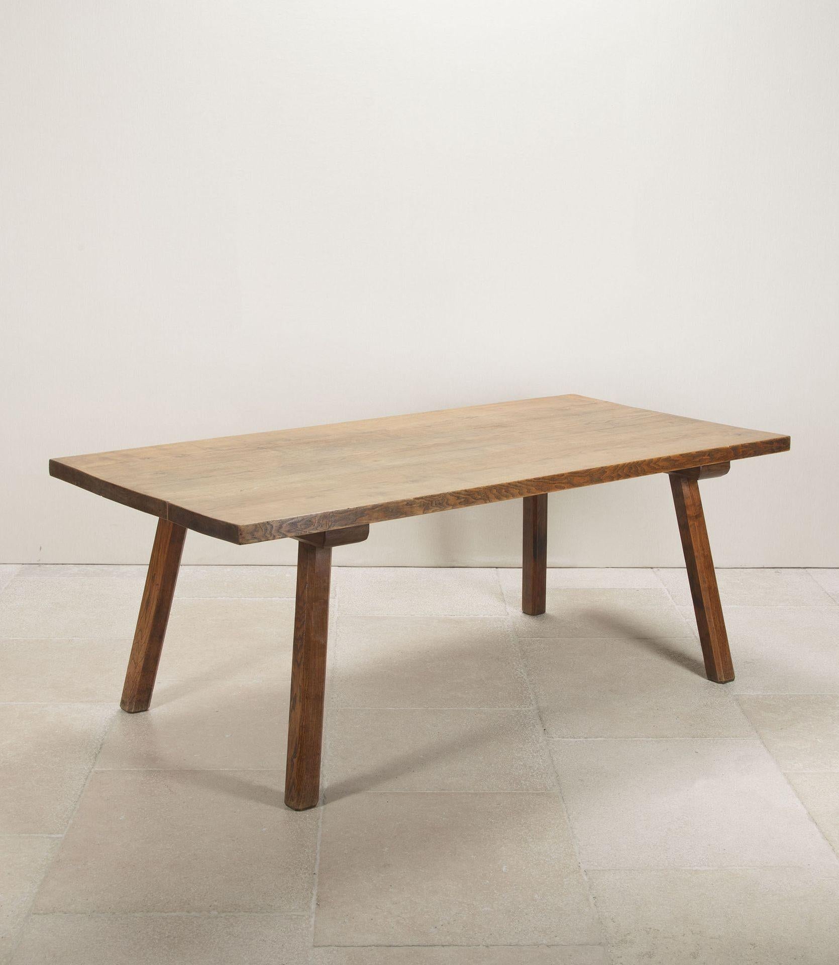 Mid-Century Modern Mid-Century French Oak Farmhouse Table with Six Matching Chairs For Sale